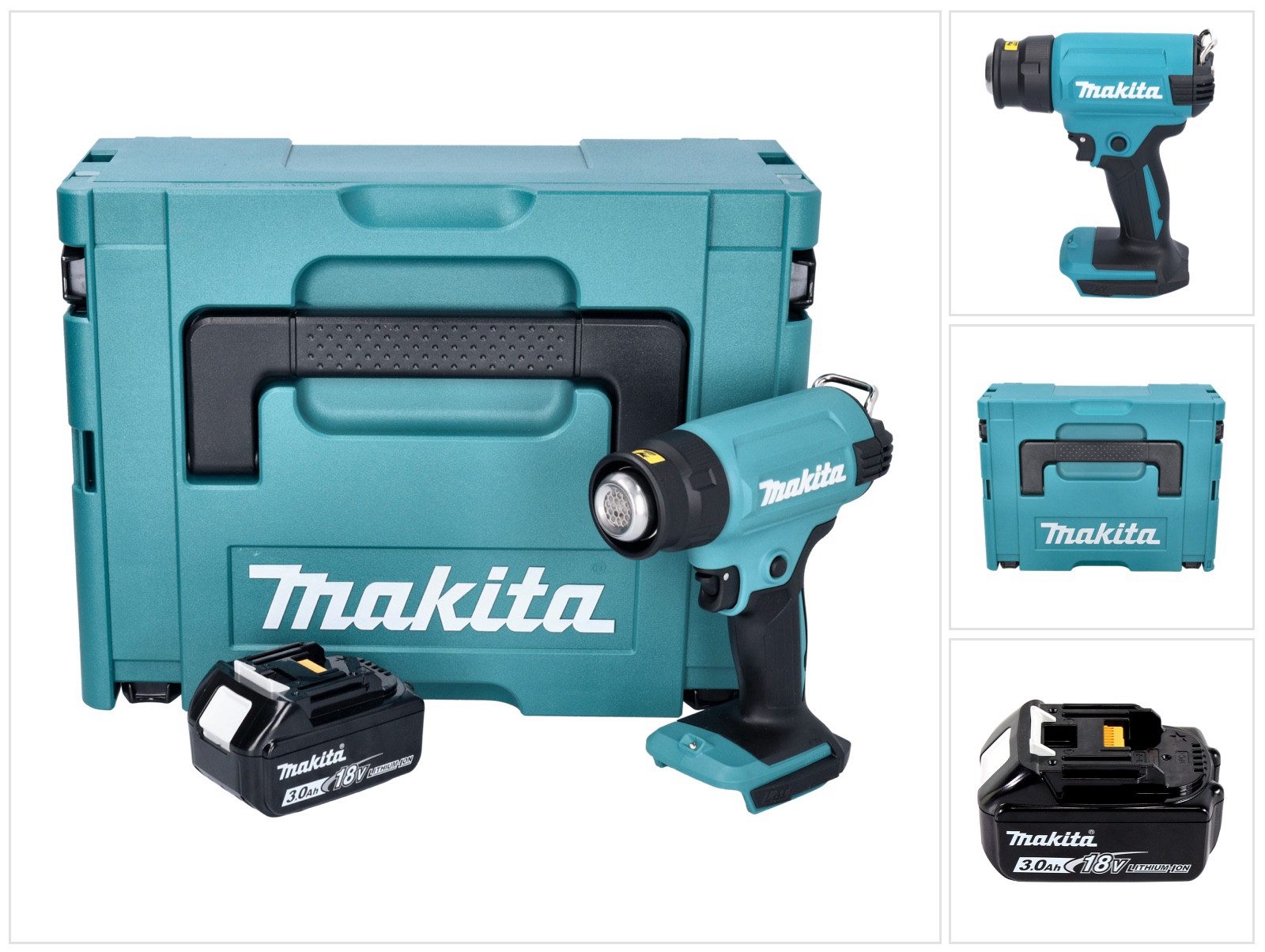 Makita Akku-Heißluftgebläse DHG 180 F1J Akku Heißluftgebläse 18 V 550 °C + 1x Akku 3,0 Ah + Makpac