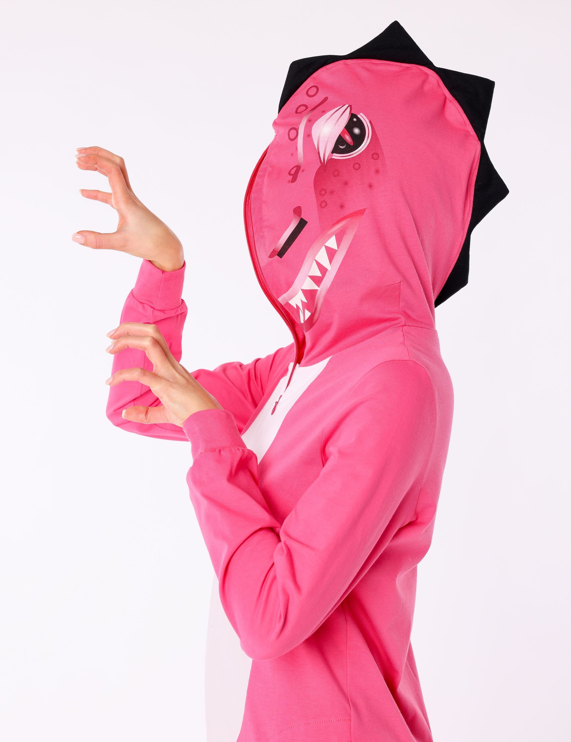 Damen Kapuze Dino LA40-234 mit Dunkelrosa aus ohne Schlafoverall Ladeheid Jumpsuit Schlafanzug Baumwolle