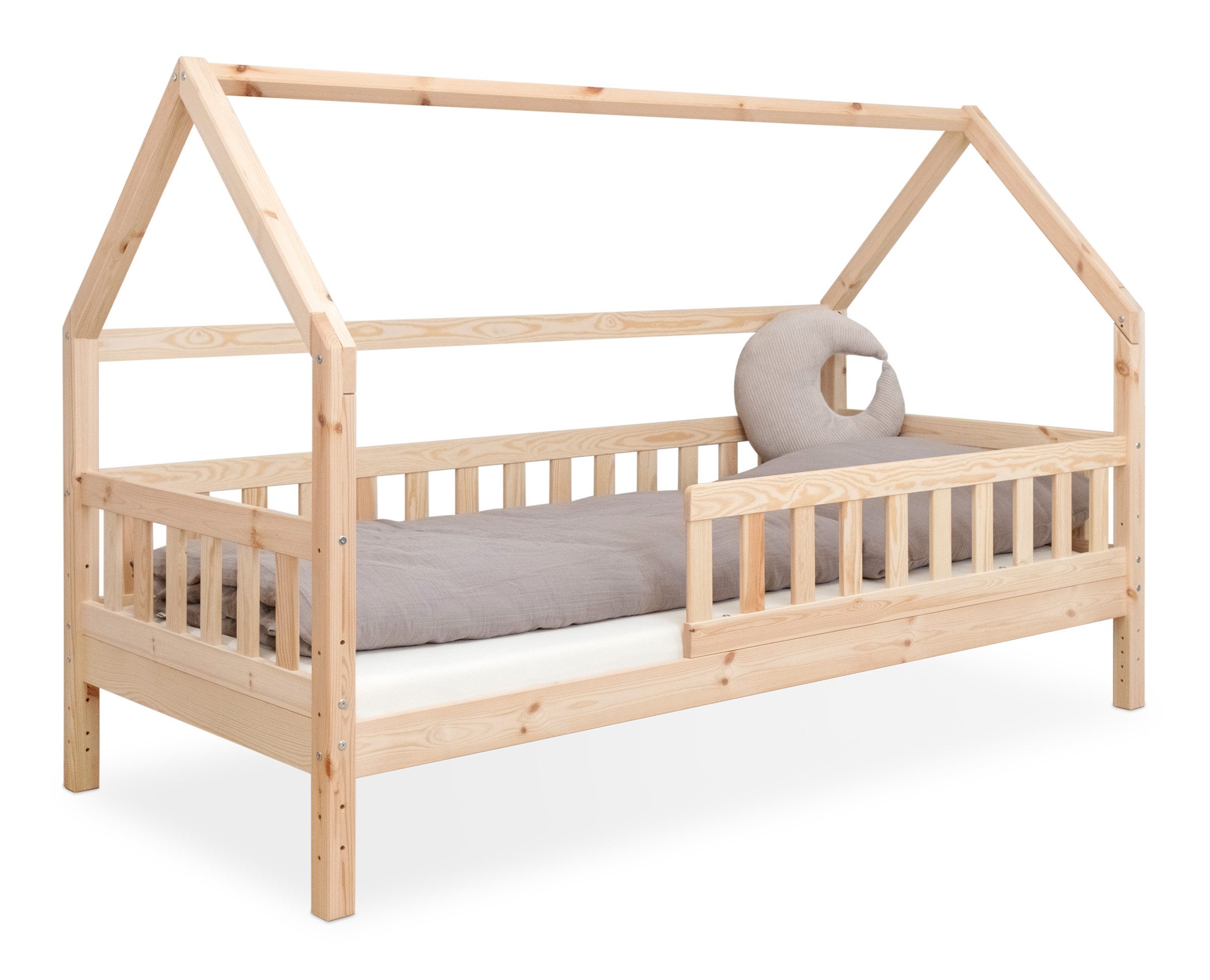 Ehrenkind Hausbett aus nachhaltigem Kiefernholz (mit abnehmbarem Rausfallschutz aus nachhaltigem Holz, Erhältlich in Natur und Weiß Kinderbett 80x160/90x200 cm), höhenverstellbar, nachhaltiges Kiefernholz, hergestellt in Europa