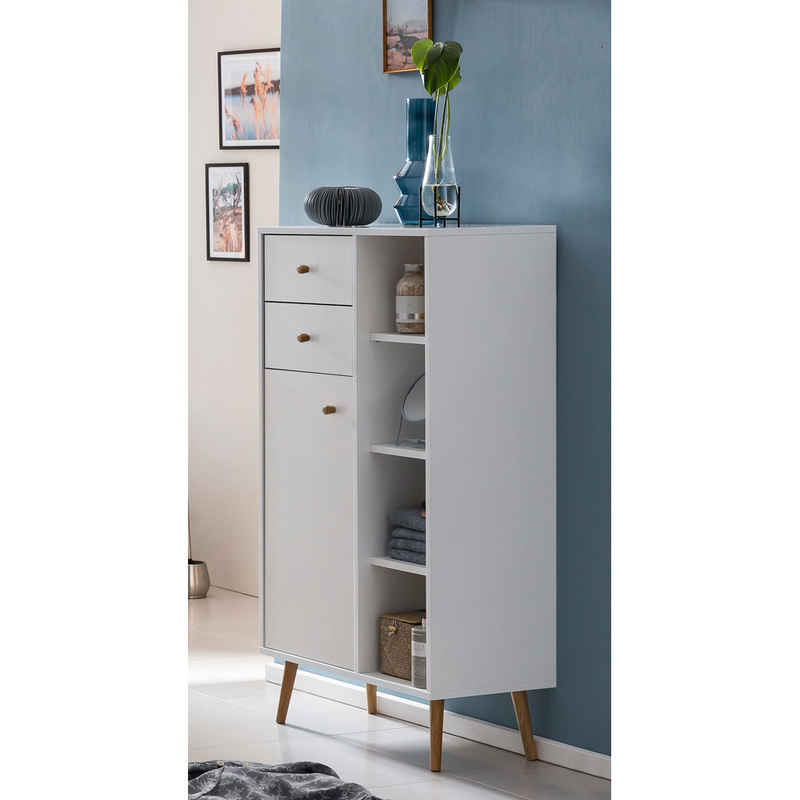 Lomadox Hochschrank JASLO-80 Badzimmer Highboard Badschrank weiß, Füße Eiche massiv 68x119x34 cm