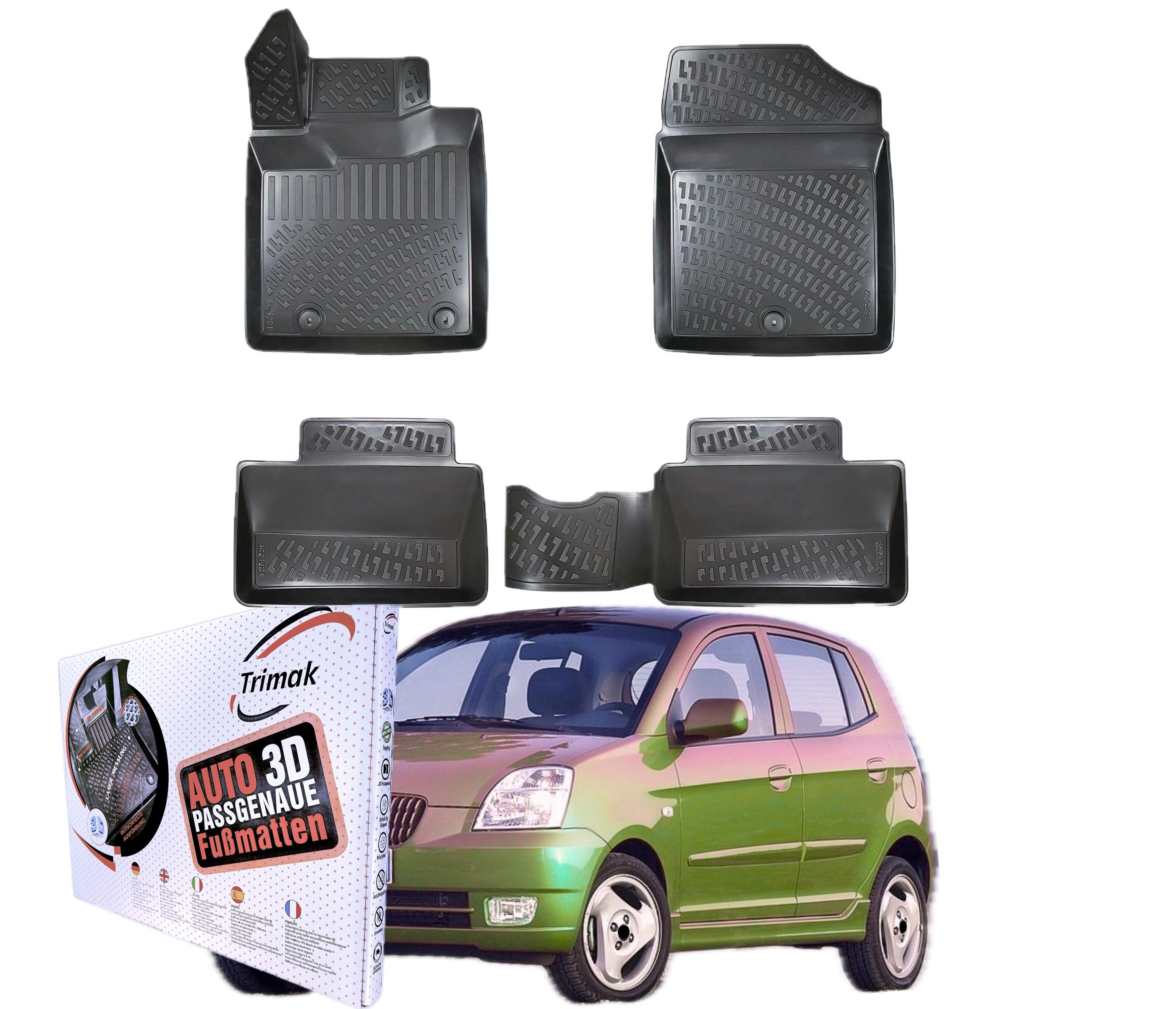 Trimak Passform-Fußmatten Oder Kofferraumwanne Oder Set Kompatibel mit Kia Picanto, Kia Picanto 1.Gen. 2004-2011 Gummimatten Auto TPE Allwetter Fussmatten