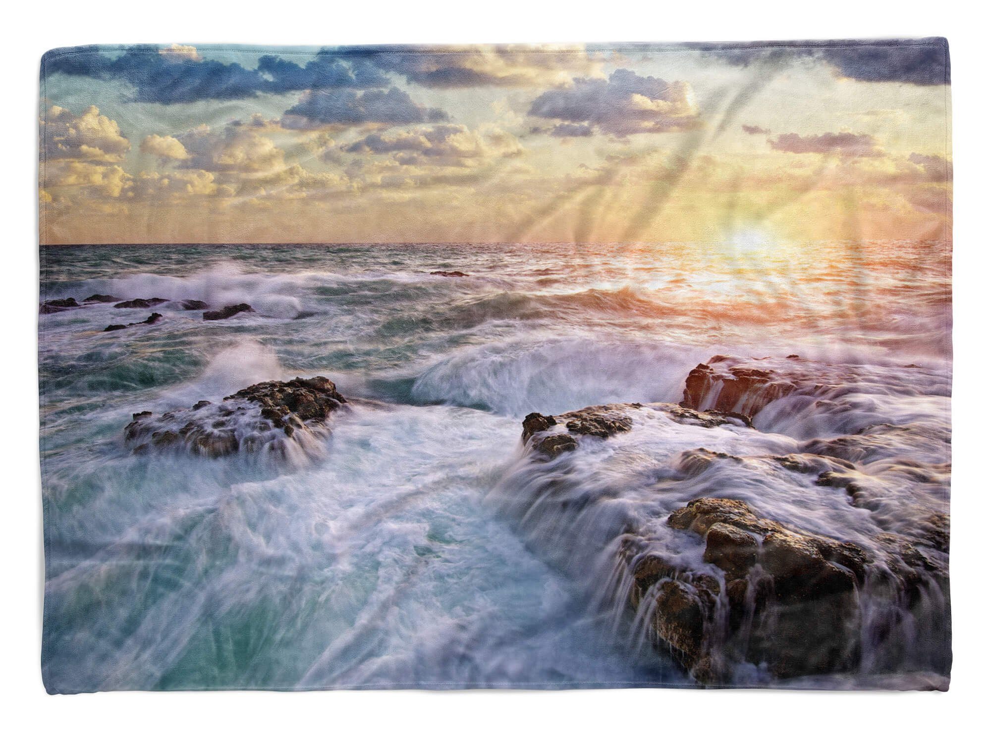 Sinus Art Handtücher Handtuch Strandhandtuch Saunatuch Kuscheldecke mit Fotomotiv Felsen Meer Wellen, Baumwolle-Polyester-Mix (1-St), Handtuch