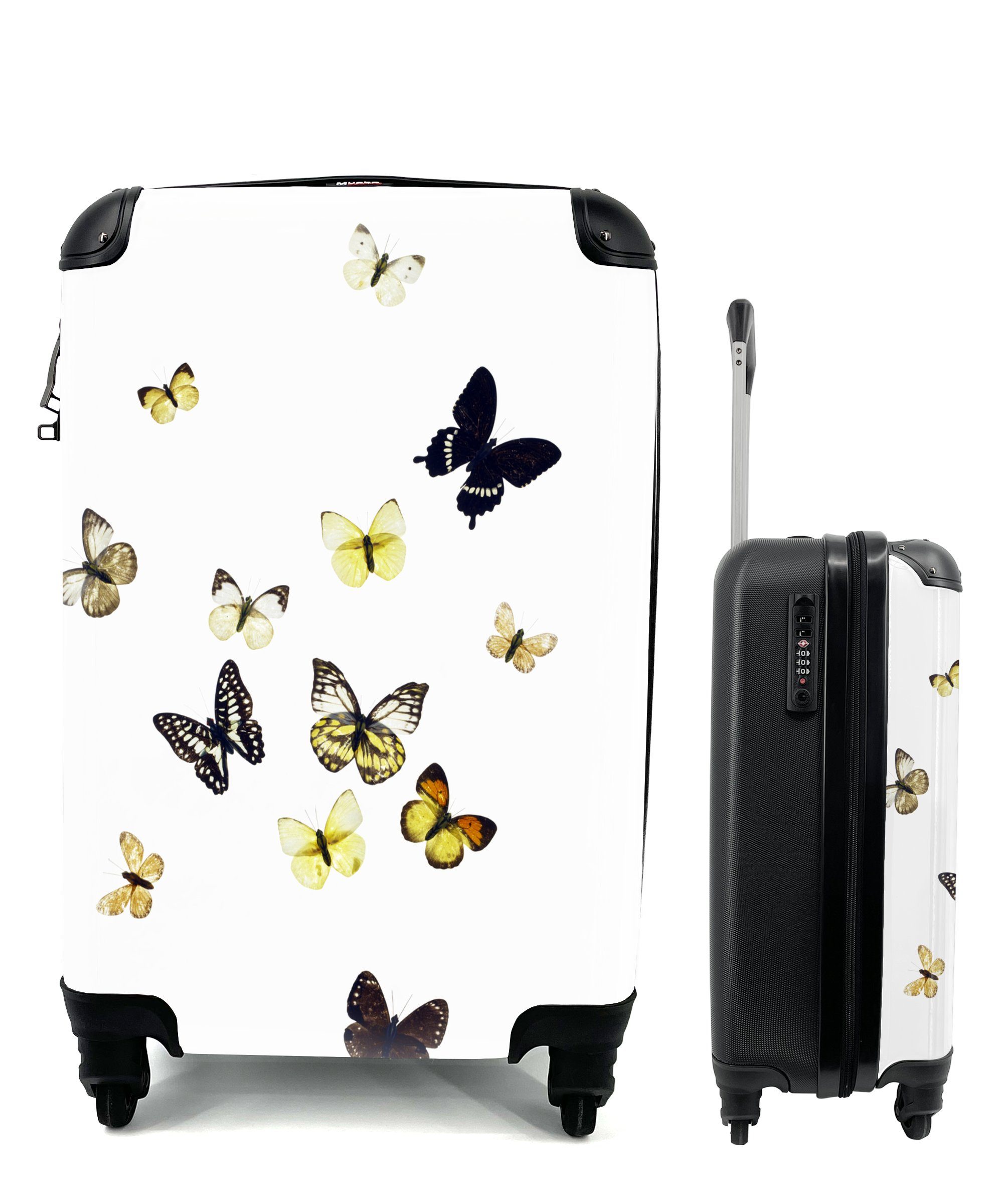 MuchoWow Handgepäckkoffer Schmetterlinge auf weißem Hintergrund, 4 Rollen, Reisetasche mit rollen, Handgepäck für Ferien, Trolley, Reisekoffer