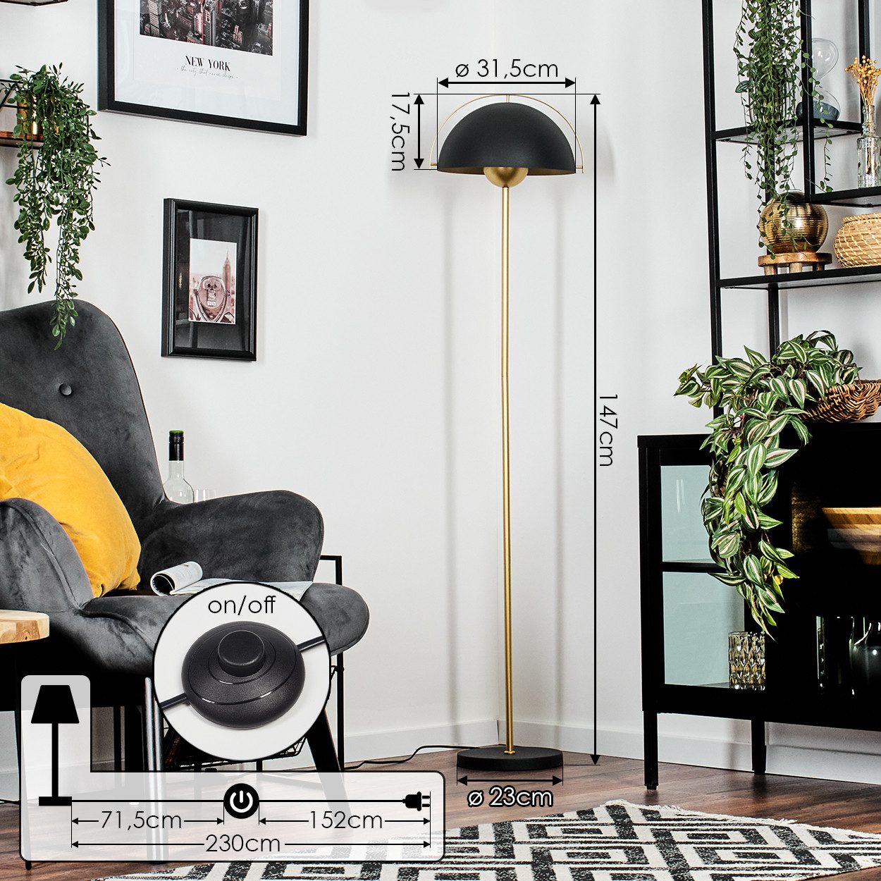 hofstein Stehlampe Stehlampe aus Metall in Gold/Anthrazit mit Fußschalter, ohne Leuchtmittel, Leuchte im Retro/Vintage-Design (31,5 cm), Höhe 147 cm, E27