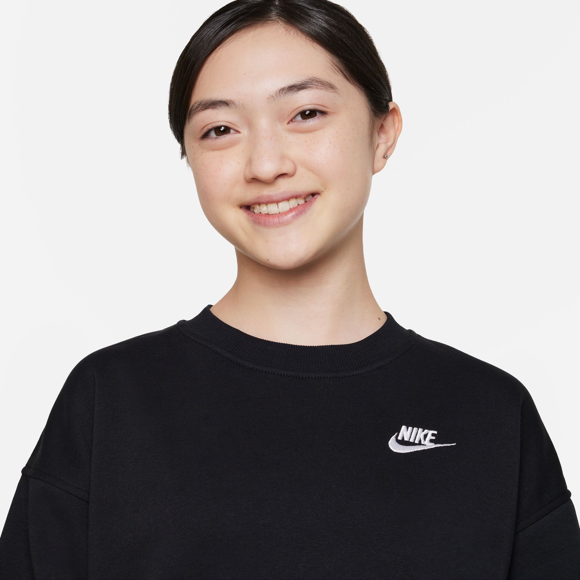 KIDS' Nike Sportswear CLUB (GIRLS) SWEATSHIRT BLACK/WHITE BIG Sweatshirt OVERSIZED FLEECE