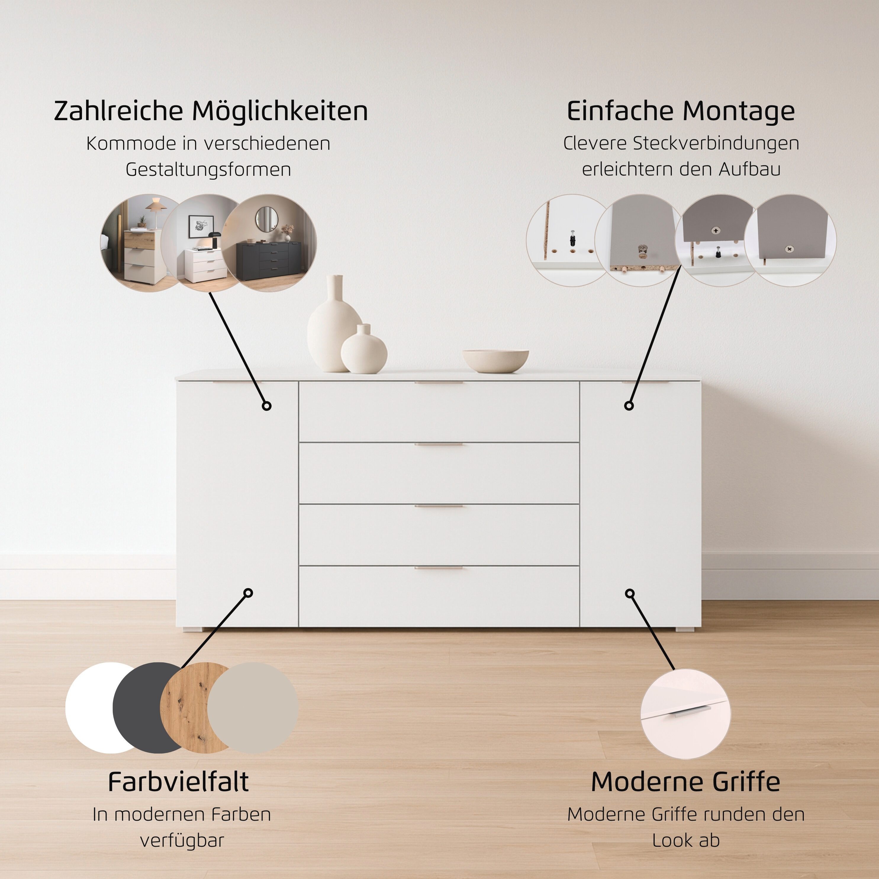 rauch Kombikommode Sideboard Türkommode Schubladenkommode Kommode ASTANA (Breite 160 cm / Höhe 81 cm, mit 4 Einlegeböden), 2-türig, 4 geräumige Schubladen, Kantengriff Alufarben MADE IN GERMANY