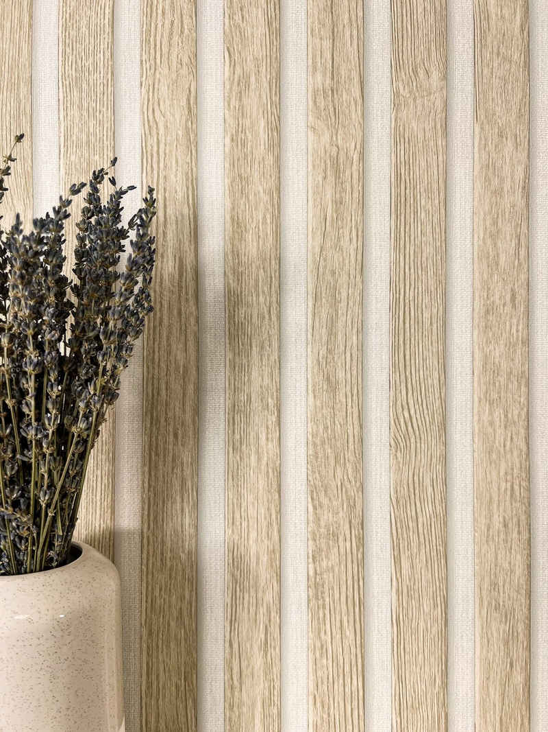 Newroom Vliestapete, Beige Tapete Skandinavisch Paneele - Holzwandpaneele Wandpaneele Creme Weiß Modern Lamelle für Schlafzimmer Wohnzimmer Küche