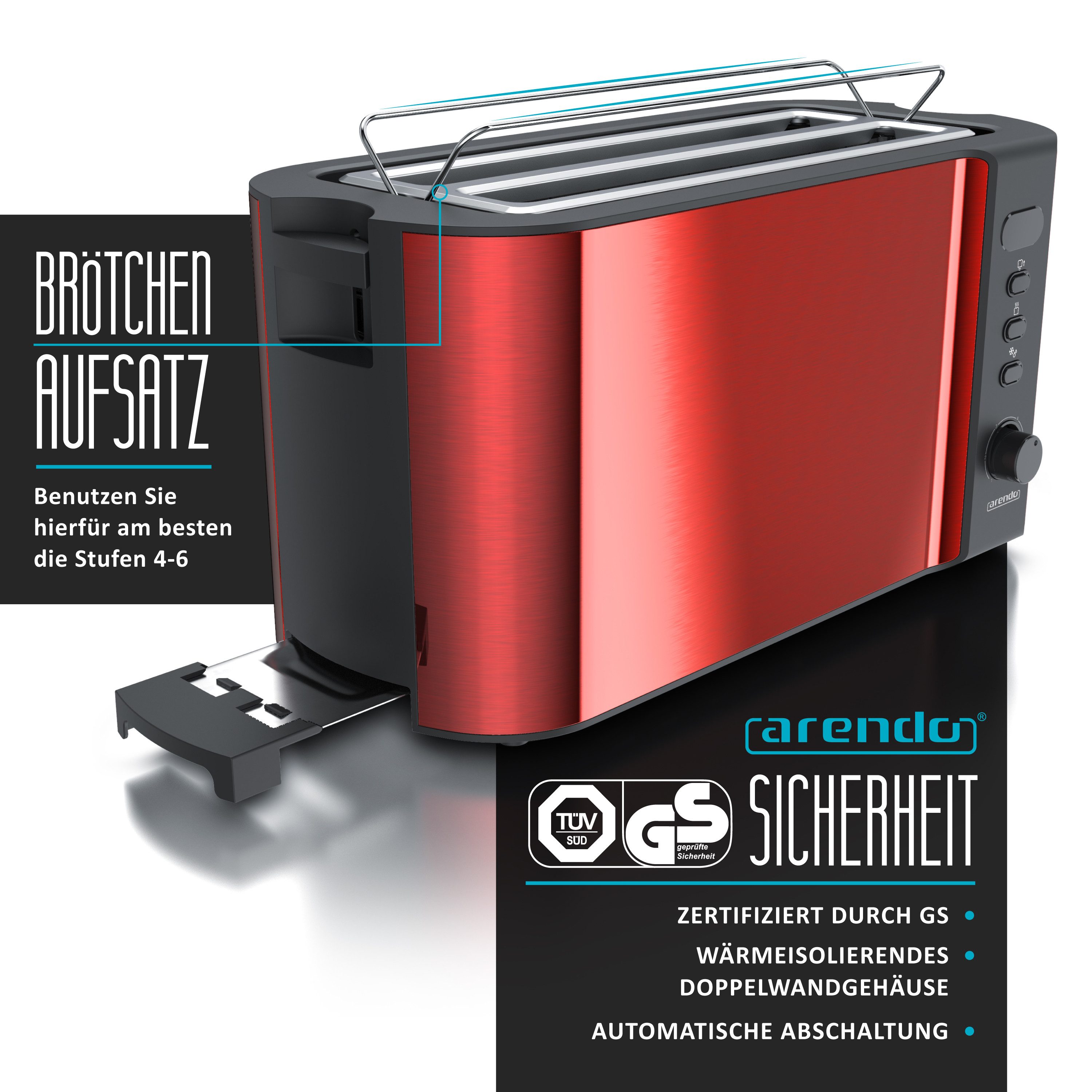 Arendo Frühstücks-Set Edelstahl Wasserkocher 1,7l, 4-Scheiben Langschlitz Toaster, rot (2-tlg), Frühstücksset, Wasserkocher Retro, 2200W, Toaster Brötchenaufsat – Bild 5 von 5