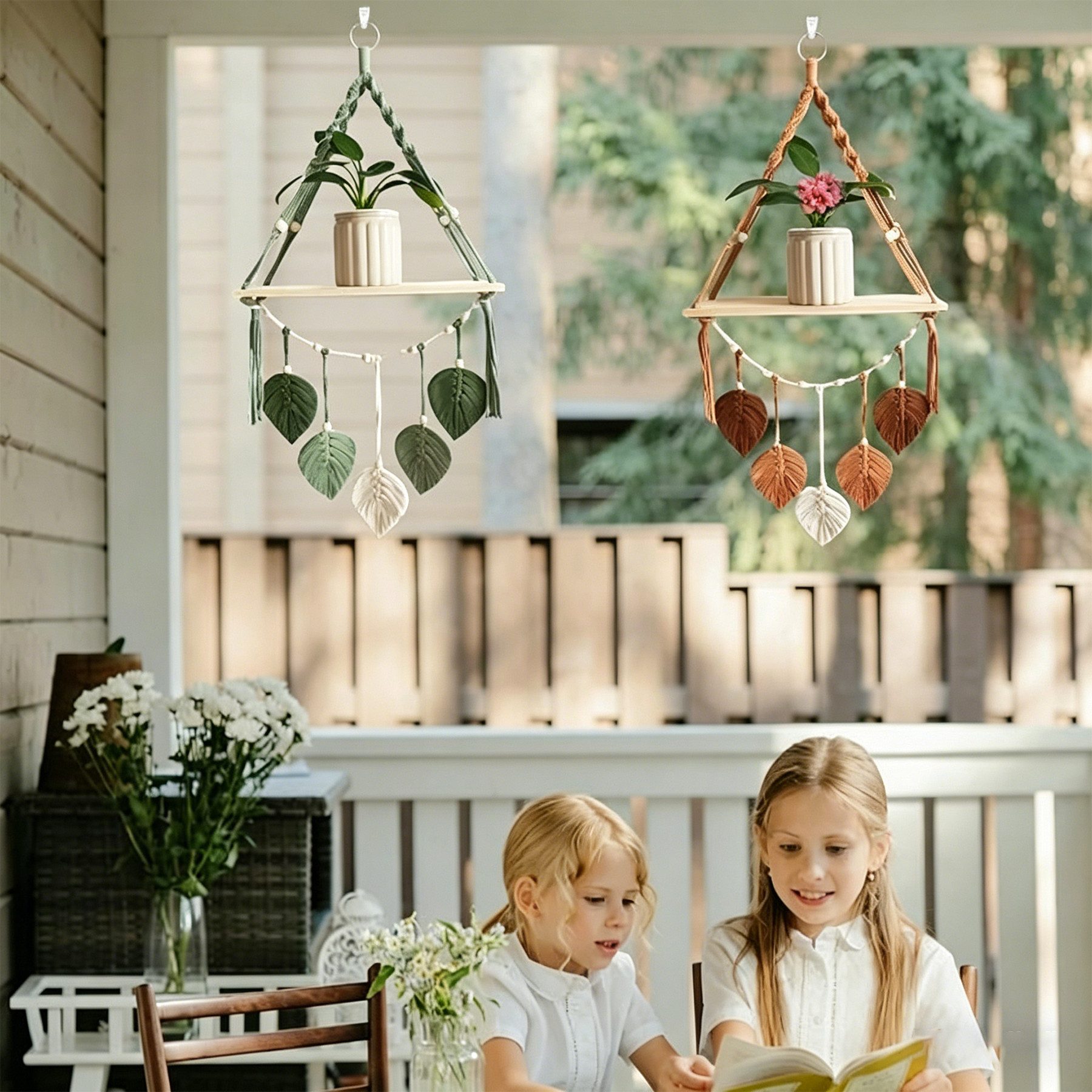 Mutig Wanddekoobjekt Makramee Holz Wandregal,Boho Hängeregal Wand Deko,Pflanzenregal (Hängeregal mit Baumwollseil für Boho Deko ( 40x90cm) , Wandregal Holz Rega – Bild 4 von 5