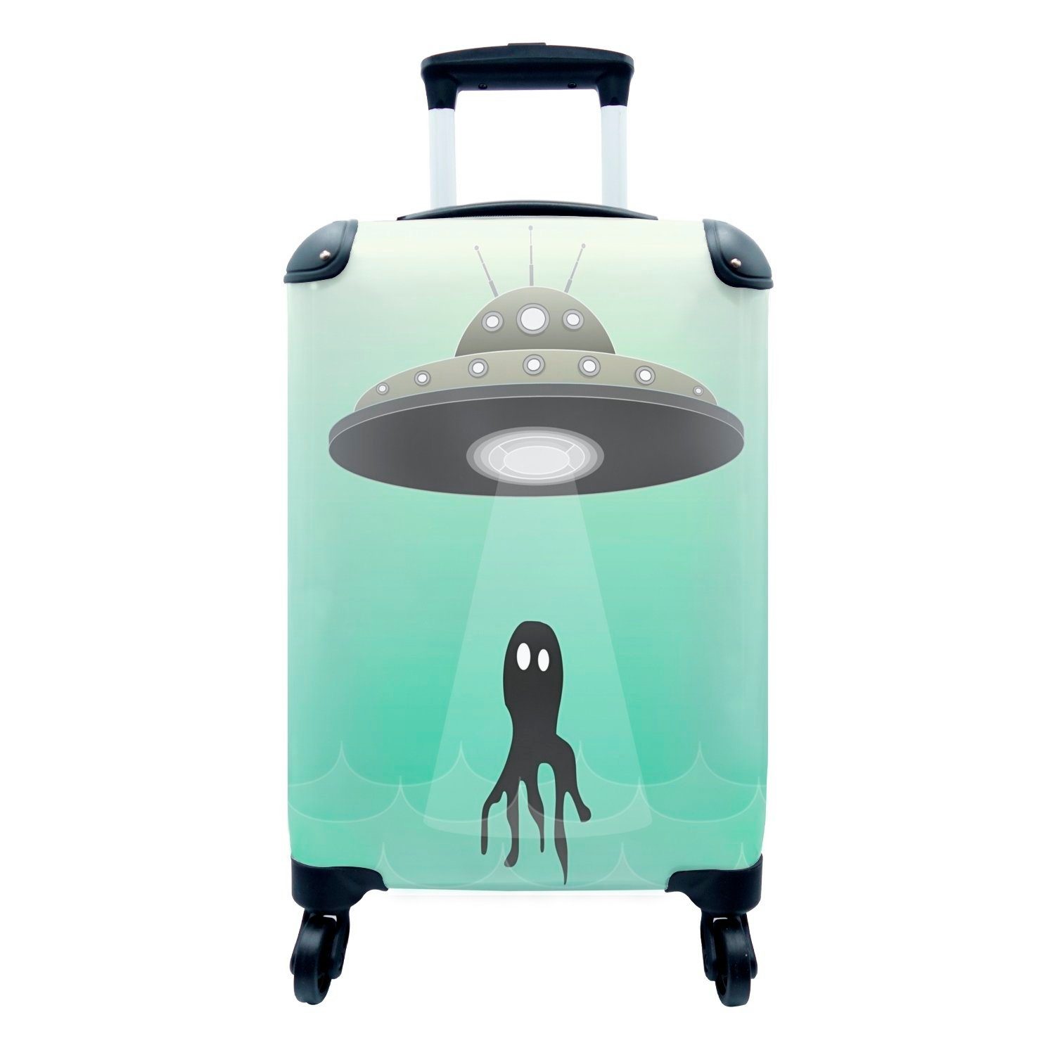 MuchoWow Handgepäckkoffer Eine Illustration eines UFOs, das einen Oktopus entführt - Jungen -, 4 Rollen, Reisetasche mit rollen, Handgepäck für Ferien, Trolley, Reisekoffer