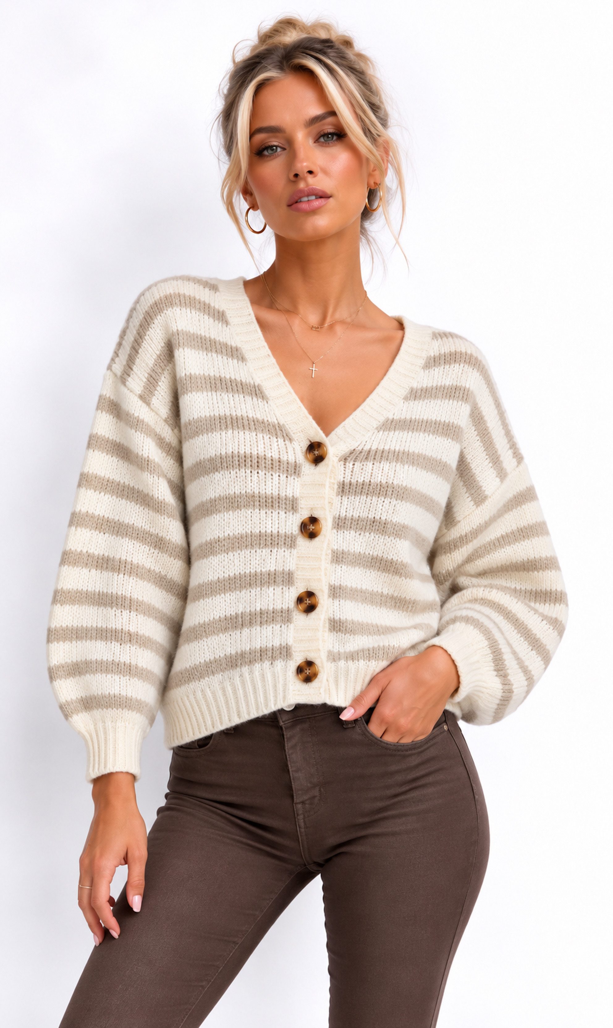 Worldclassca Cardigan WORLDCLASSCA Strick Cardigan Knopf Strickpullover Gestreift Streifen Neue Kollektion - Stilvolle und gemütliche Strickmode für Damen