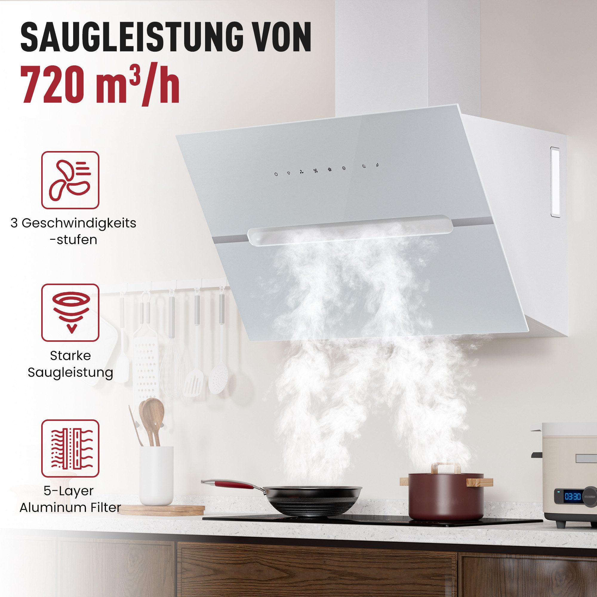 Levivo Kopffreihaube A+++ Dunstabzugshaube 60cm und 90cm Umluft & Abluft mit 720 m³/h Aktivkohlefiltern, Fettfiltern, LED-Beleuchtung – Bild 2 von 5