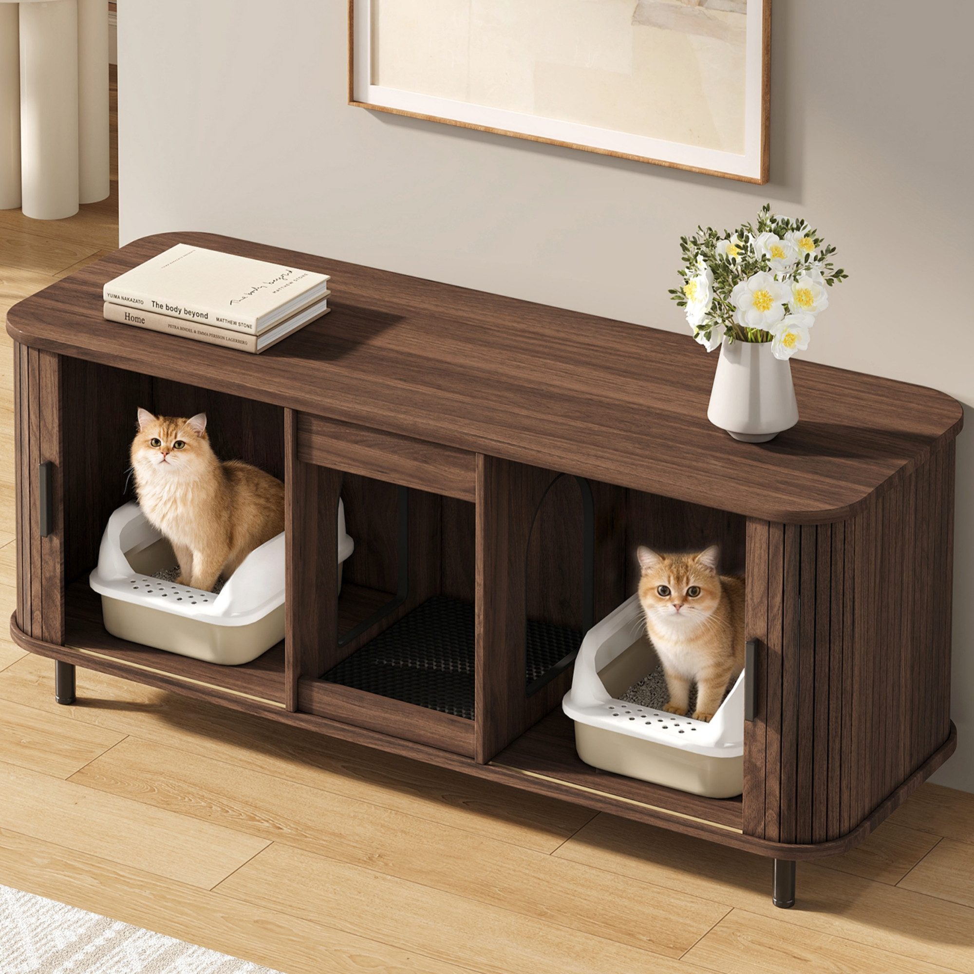 Flieks Katzentoilette Katzentoilettenschrank Katzenhaus Katzenklo-Schrank, Haustierschrank Katzenkloschrank mit Streuauffangmatte Nussbaumoptik