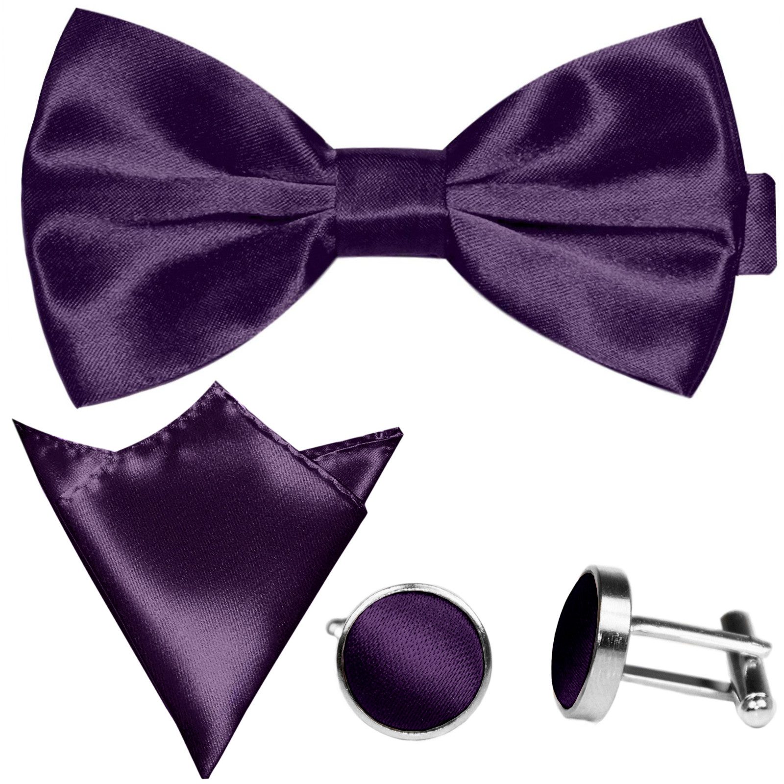 GASSANI Fliege Hochzeitsfliege, Herren-Schleife Kavalierstuch, Hochzeit Bräutigam (Set, 3-St., Fliegenset, mit Einstecktuch, Manschettenknöpfe) Uni, Seide-Touch-Finish, Vor-Gebunden Verstellbar