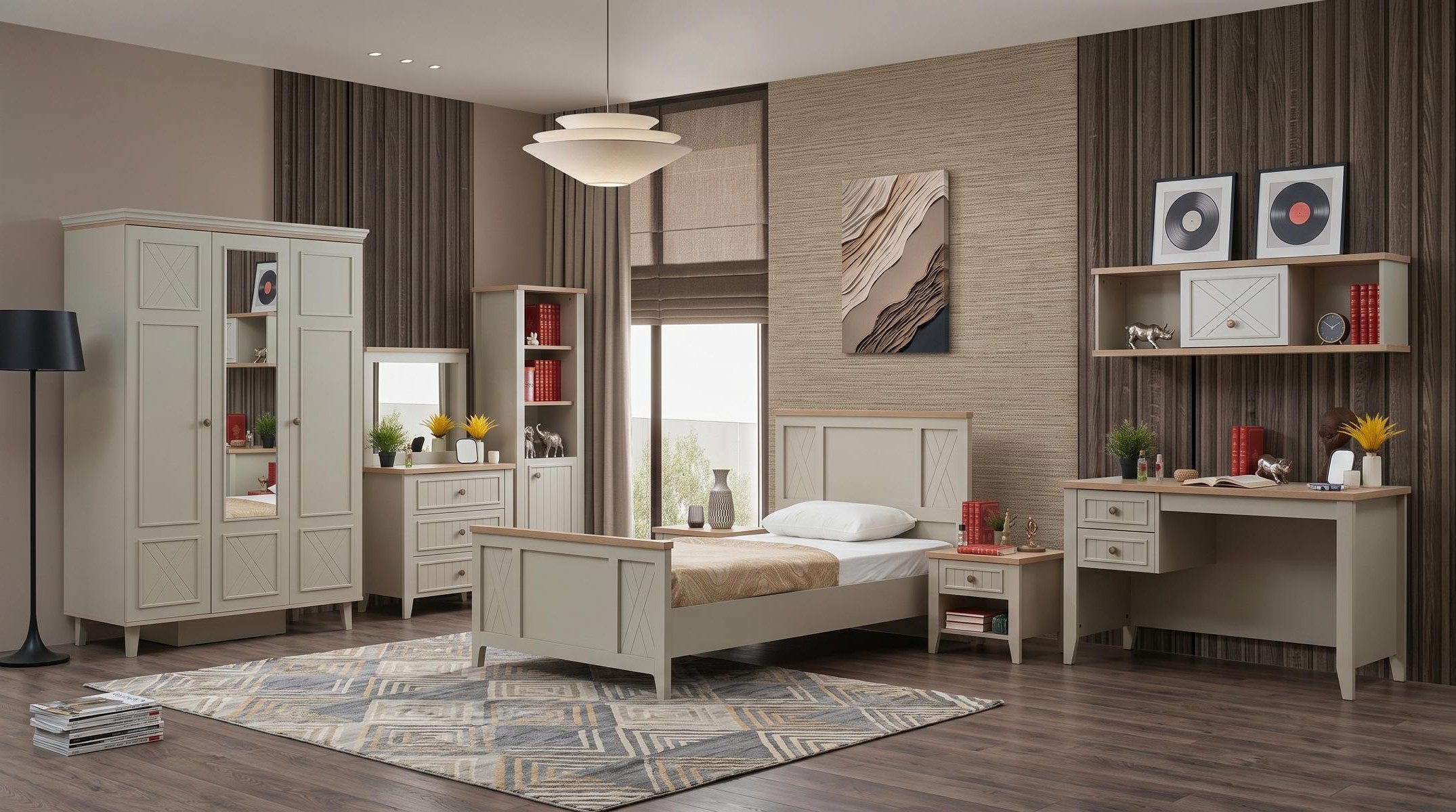 Xlmoebel Kleiderschrank Beiger Kleiderschrank für Jugendzimmer mit viel Stauraum (Jugendzimmer-Set, 7-St., 7-tlg)