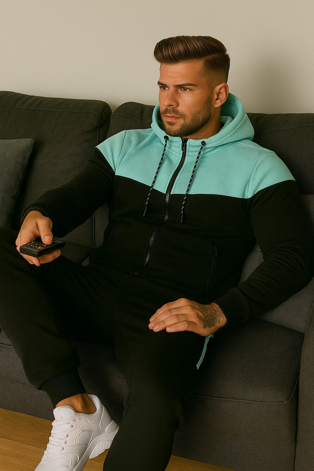 L.gonline Freizeitanzug Herren Jogginganzug, Freizeitanzug 984 schwarz/mint XL (Kapuzenjacke mit Reißverschluss, Hose, 2-tlg), Fitness Freizeit Casual – Bild 5 von 5