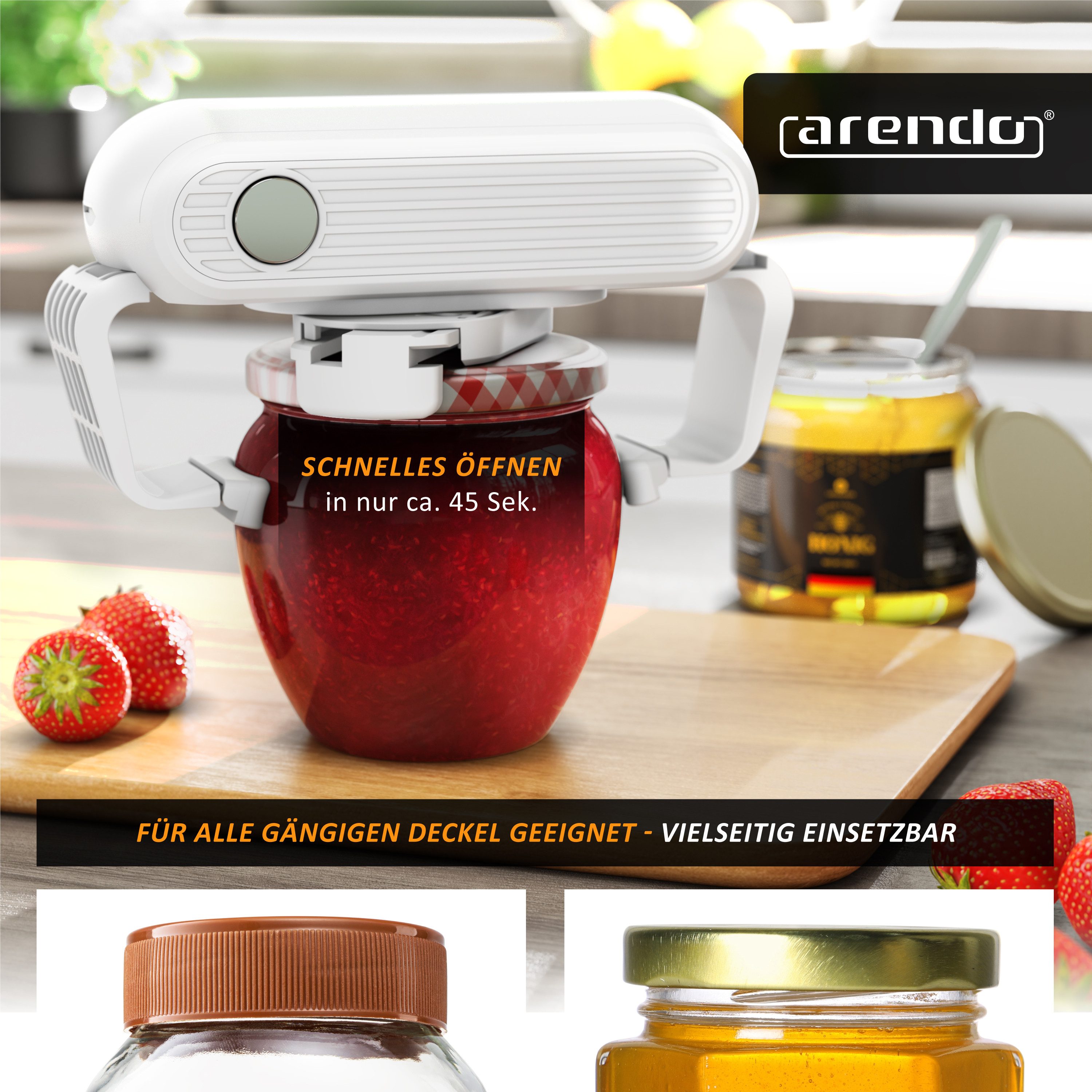 Arendo Elektrischer Dosenöffner Deckelöffner für versiegelte Gläser, Automatischer Glasöffner, Küchenhelfer, Freihändiger Schraubdeckelöffner für 3,5 bis 10 cm  – Bild 4 von 5