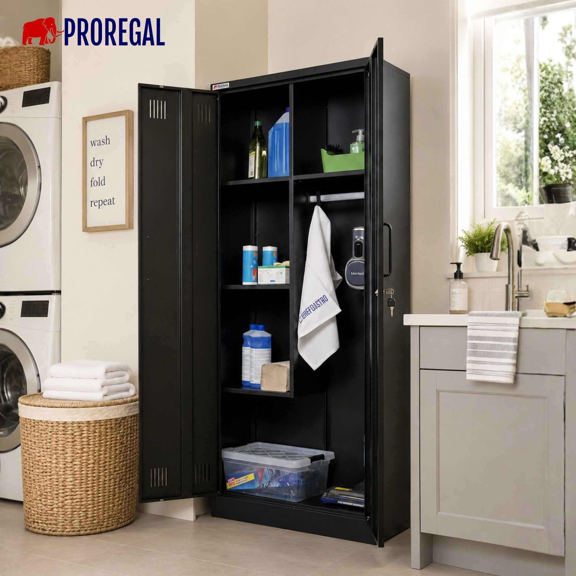 PROREGAL® Mehrzweckschrank Abschließbarer Flügeltürenschrank Stahlschrank RHINO Putzmittel- & Besenschrank Haushaltsschrank 5 Fächer & Kleiderstange – Bild 2 von 5