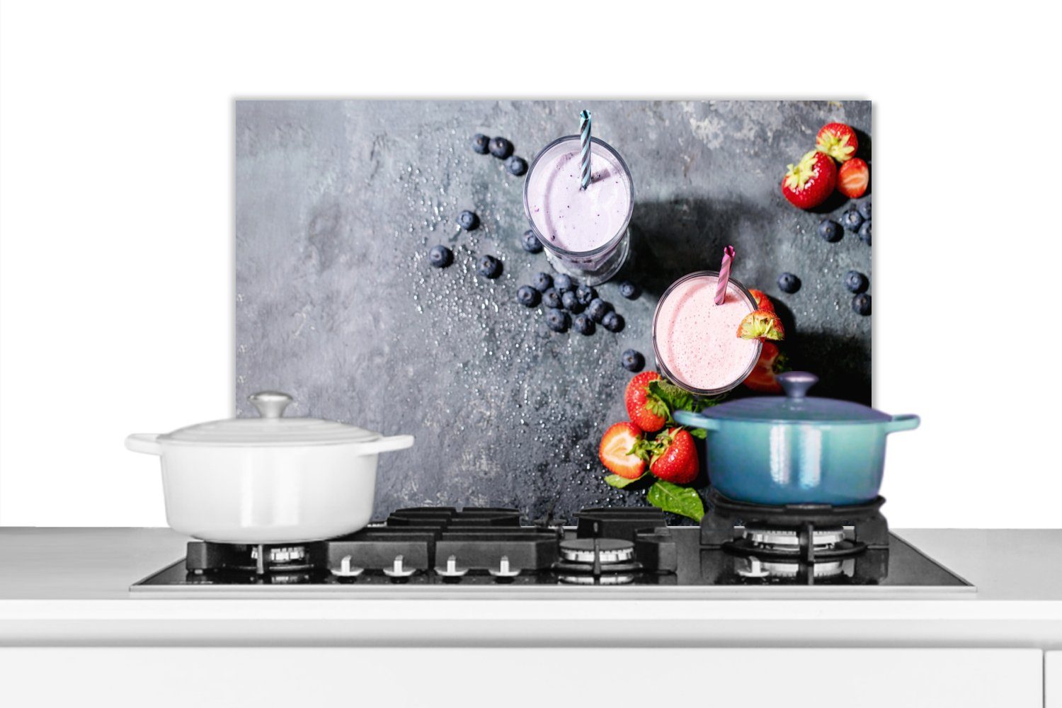 MuchoWow Küchenrückwand Smoothie - Obst - Erdbeere - Beere - Marmor, (1-tlg), 60x40 cm, Herdblende aus Wandschutz, Temperaturbeständig küchen