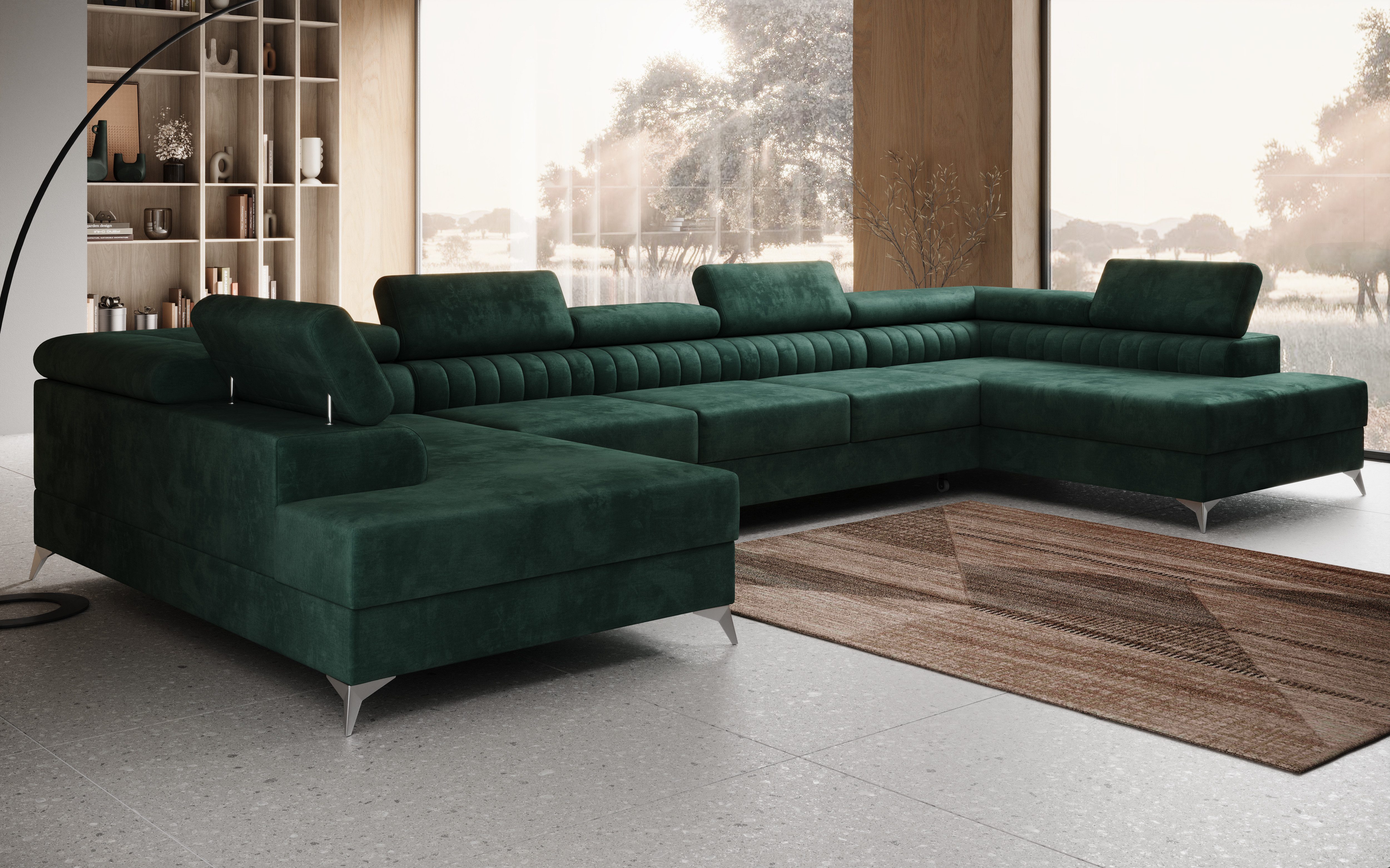 thematys Ecksofa FERMO 403 x 203cm mit Schlaffunktion & Bettkasten –, U-Sofa mit verstellbaren Kopfstützen, Samt (Monolotith), oder Bouclé (Quelle), - U-Form, XL-Wohnlandschaft, 390 cm breit