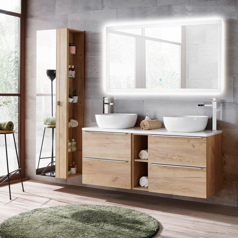 Lomadox Badmöbel-Set TOSKANA-56, (Spar-Set, 3-St), 2 Keramik-Aufsatzwaschbecken und LED-Spiegel Eiche 205/190/46cm