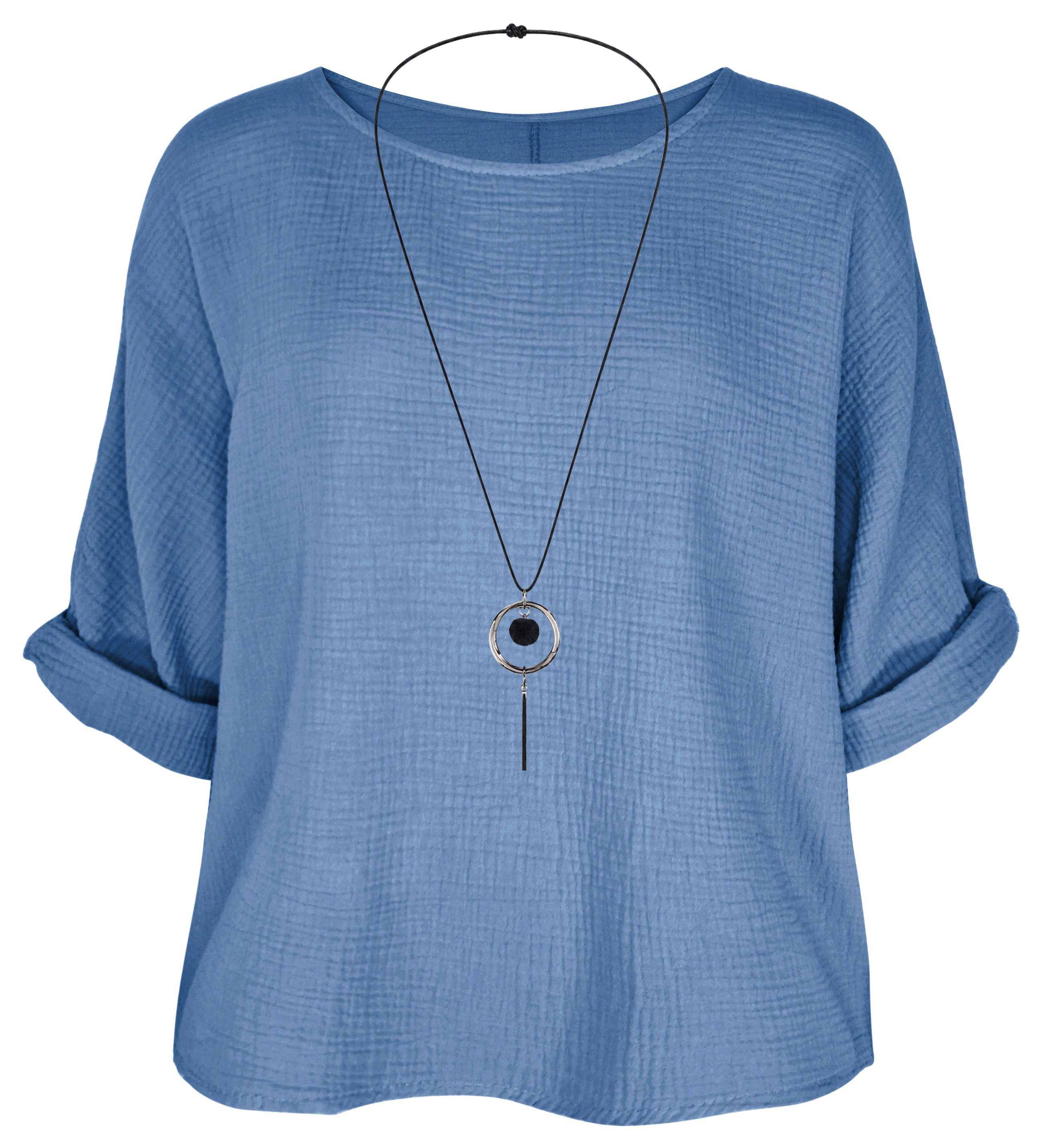dy_mode Crinklebluse Damen Musselin Bluse Oversize Bluse Blusenshirt Oberteil Baumwolle in Unifarbe, mit passende Kette