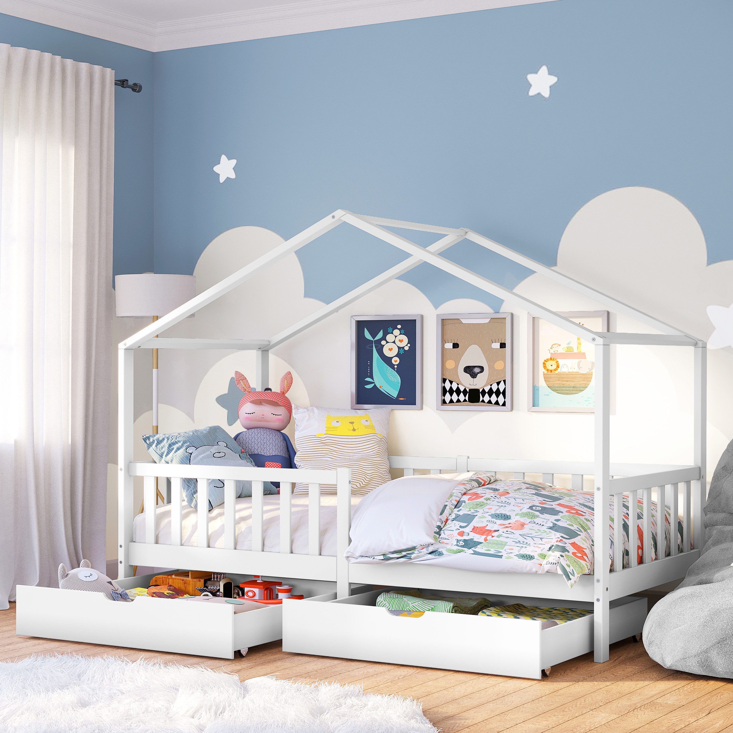 Bellabino Hausbett Bia (weiß, 90x200 cm, Bodenbett mit Schubladen, Rolllatt günstig online kaufen