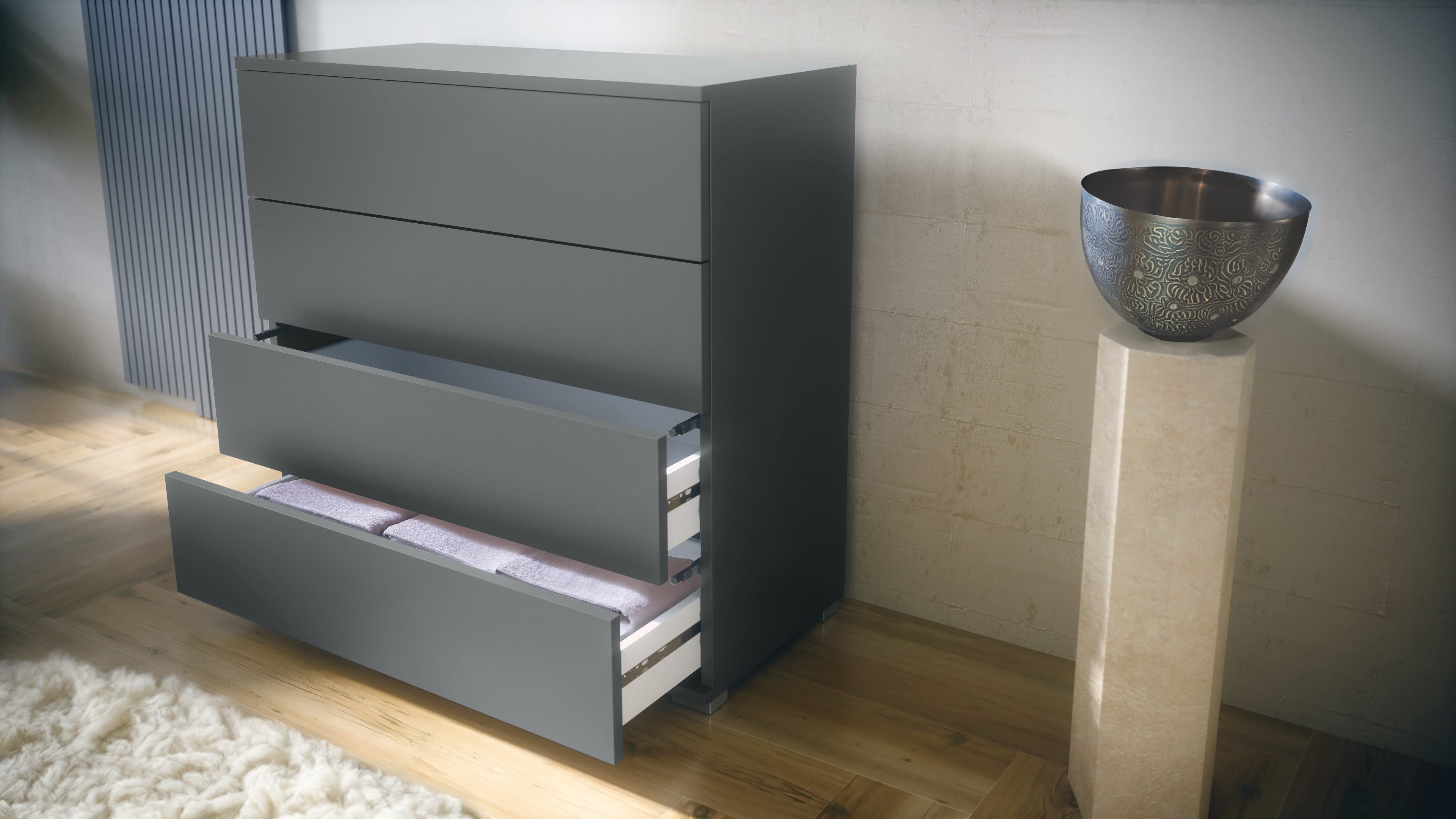 Vladon Kommode Pavos V3 (Sideboard, mit 4 Schubladen), Anthrazit matt/Sandgrau Hochglanz (76 x 76 x 35 cm)