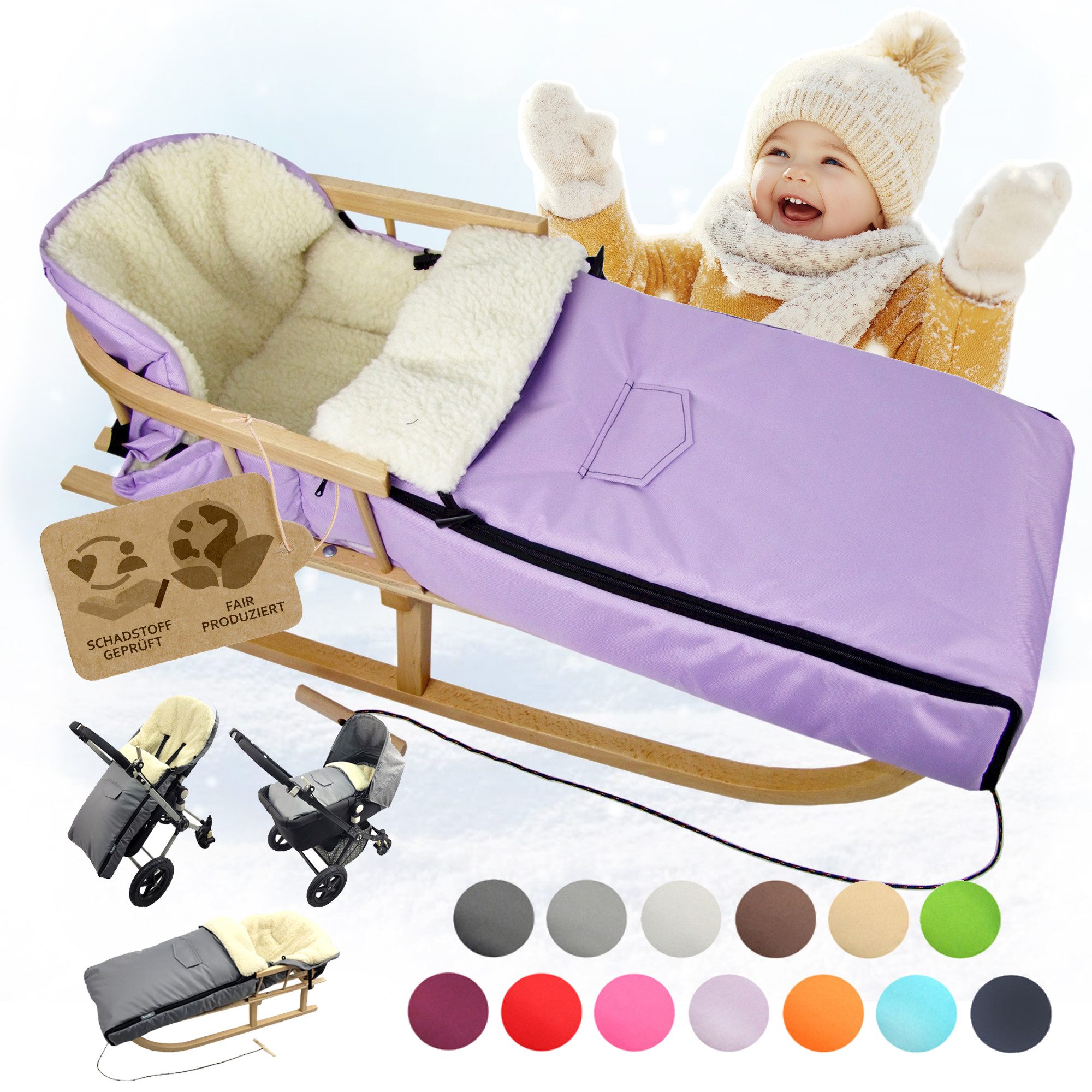 BambiniWelt by Rafael K. Санки CE-HOLZSCHLITTEN mit Rückenlehne Zugleine + WINTERFUßSACK Wolle 108cm (universaler Winterfußsack (108cm) + Holzschlitten (90cm), Kombi-Angebot
