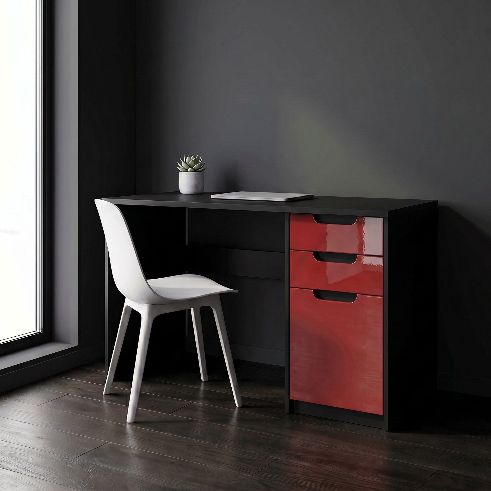 Vladon Schreibtisch Logan (Bürotisch, mit 2 Schubladen und 1 Tür), Schwarz matt/Bordeaux Hochglanz (129 x 76 x 60 cm)