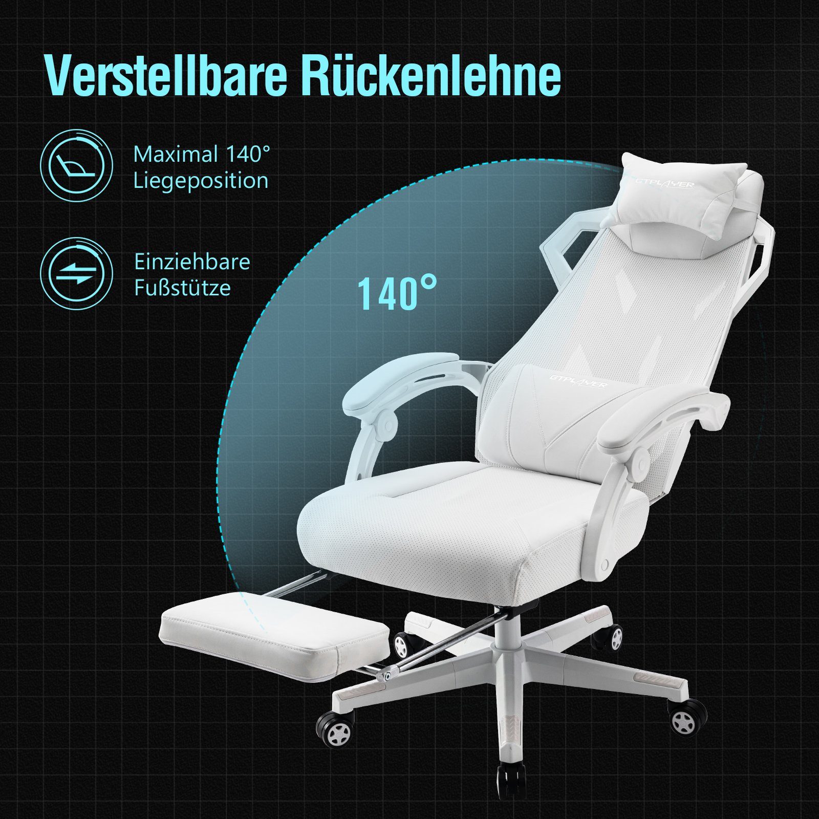 GTPLAYER Bürostuhl Ergonomischer Schreibtischstuhl Gamingstuhl Drehstuhl, mit Verbindungsarmlehnen, Verstellbarer Lordosenstütze und Kopfstütze – Bild 5 von 5