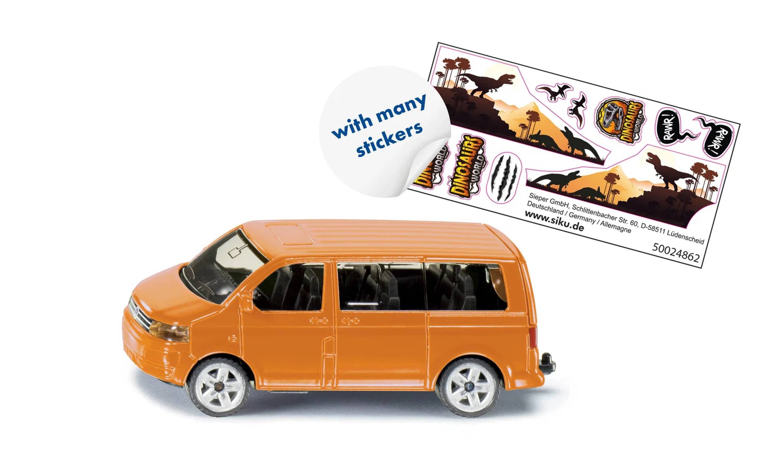Siku Spielzeug-Auto Multivan Modellfahrzeug mit Dino-Stickern zum Gestalten, Anhängerkupplung, Heckklappe zum Öffnen, Stickerbogen