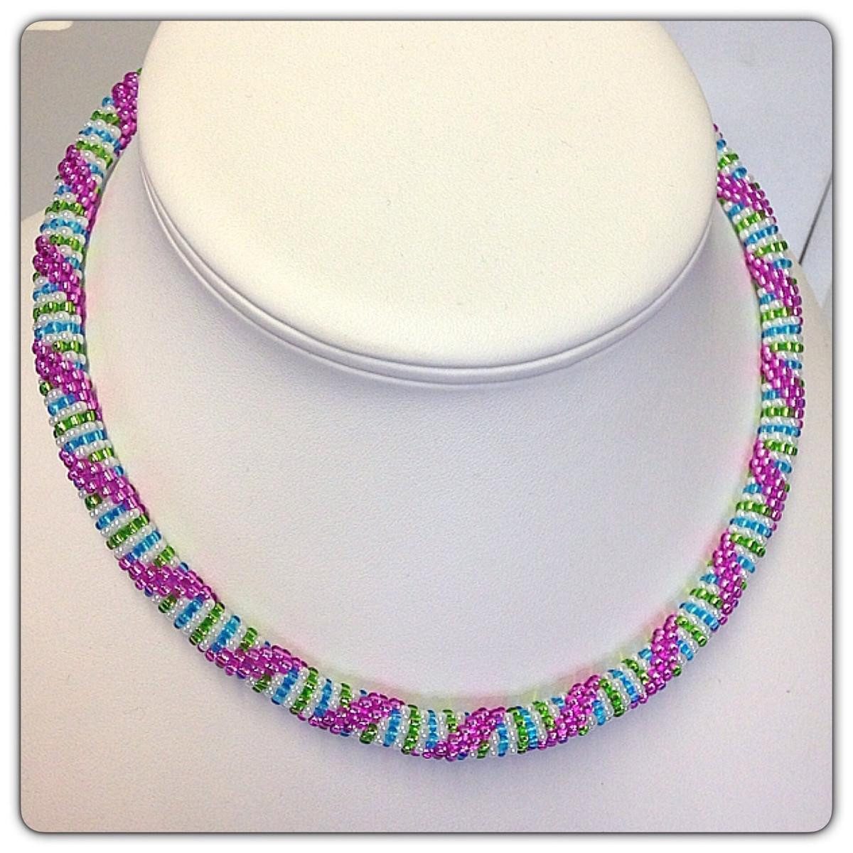 Edelschmiede925 Kette ohne Anhänger Häkelkette, gemustert mit weiß, grün, blau u pink
