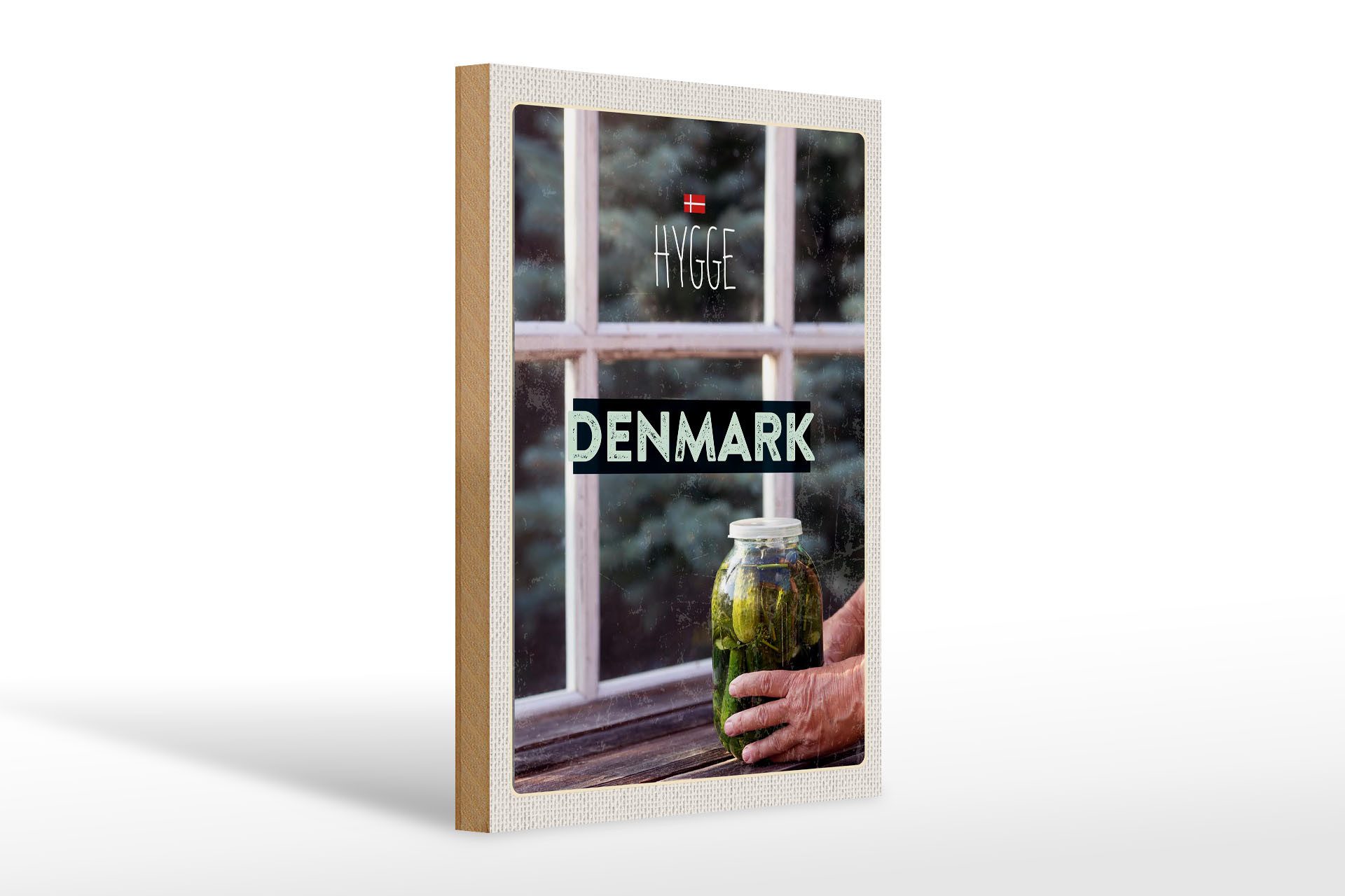 Holzbild Reise 20x30cm Dänemark Gurken im Glas Fenster