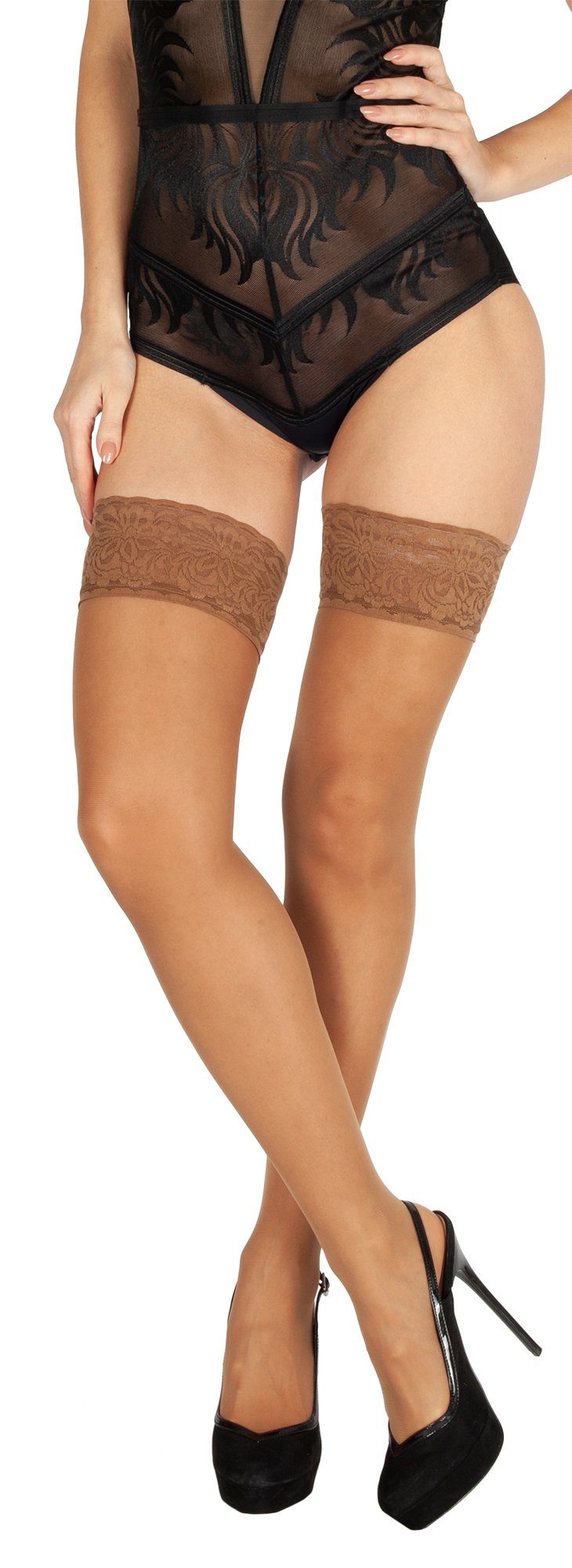 BANANALU Halterlose Strümpfe XS bis 4XL Spitzenbund 9 cm Blumenmuster sexy günstig online kaufen