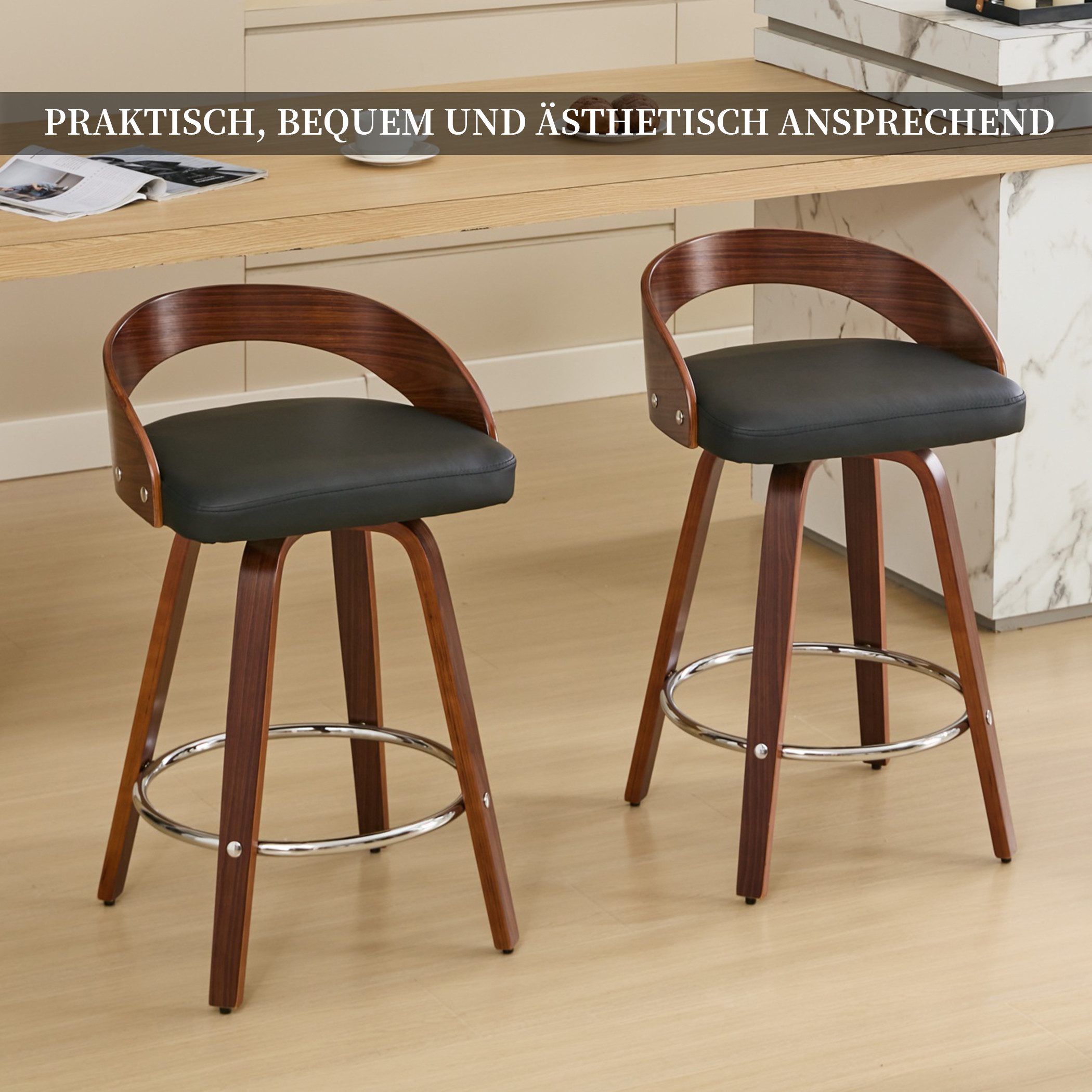SeedWave Barhocker mit Lehne, 2er Set Drehocker mit PU-Ledersitz, Metall Ring-Fußstütze, Retro Industriestil Barstuhl, Holzbeine mit verstellbaren Fußgleitern