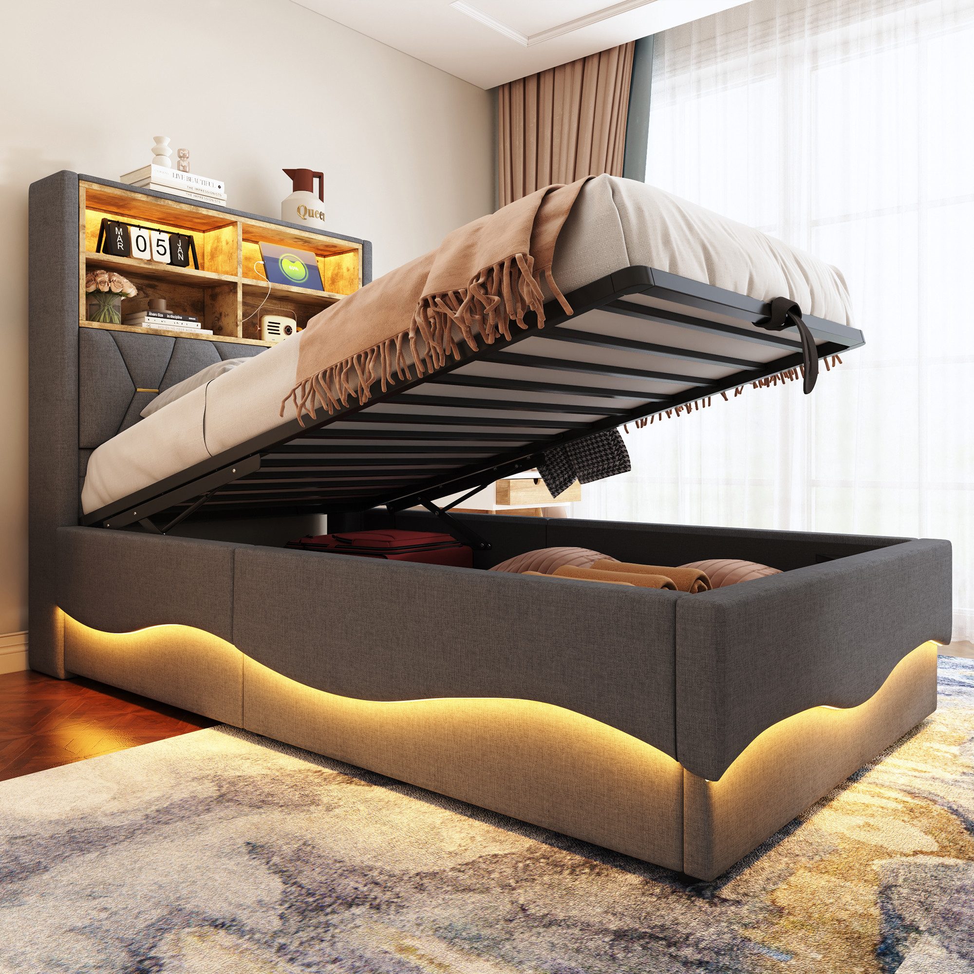 Merax Polsterbett (Kinderbett Jugendbett Einzelbett mit Metall-Lattenrost, 1-tlg), Hydraulisches Stauraumbett 90x200cm mit LED, USB und Ablagefächern