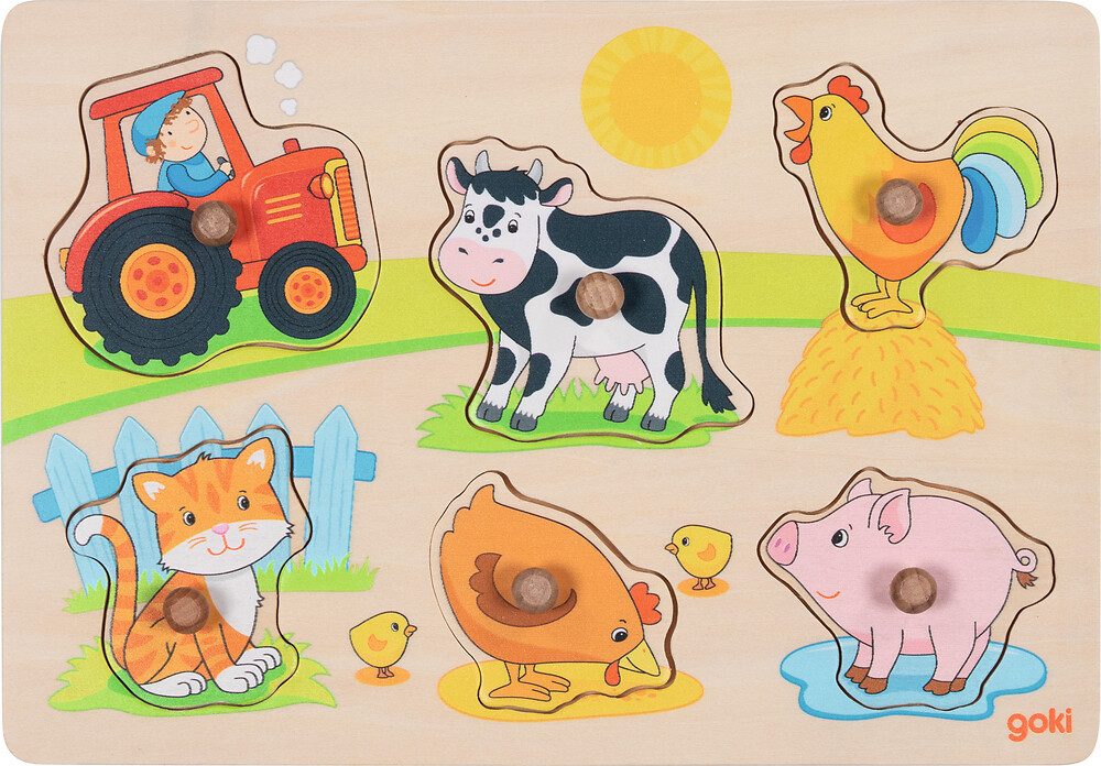 goki Steckpuzzle 2er Holzpuzzle-Set: Bauernhof + Waldtiere, Puzzleteile