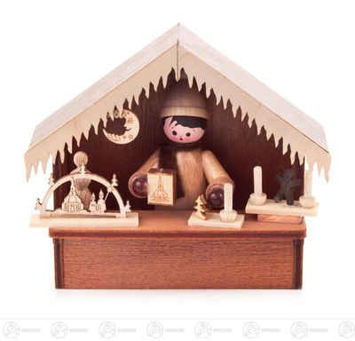 Dregeno Erzgebirge Weihnachtsfigur Weihnachtliche Miniatur Weihnachtsmarktbude Erzgebirgische Volkskunst, Verkaufsstand mit Ware