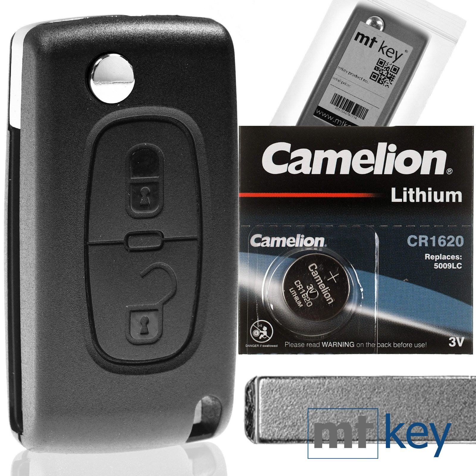 mt-key Klapp Schlüssel Reparatur Gehäuse 2 Tasten + VA2 Rohling + 1x CR1620 Knopfzelle, CR1620 (3 V), für Peugeot Citroen 208 207 307 Funk Fernbedienung