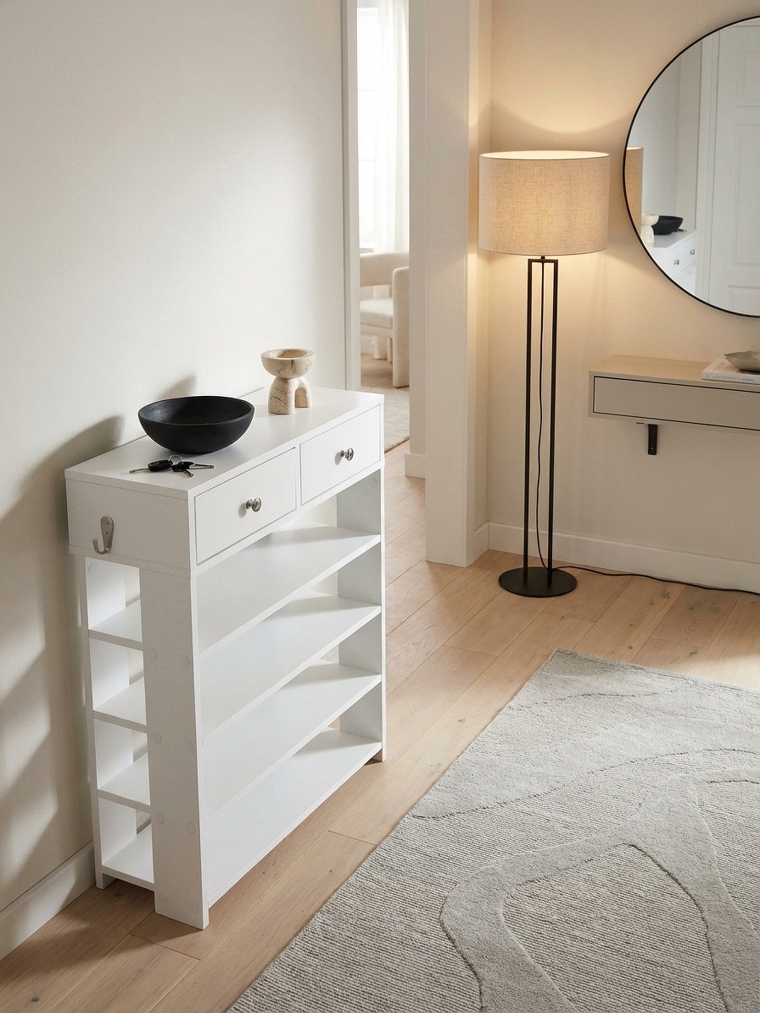 KADIMA DESIGN Schuhschrank Design Schuhregal 60 x 79 x 24 cm Flurregal Weiß (Hohes Standregal mit 4 Fächern) Regal mit zwei Schubladen
