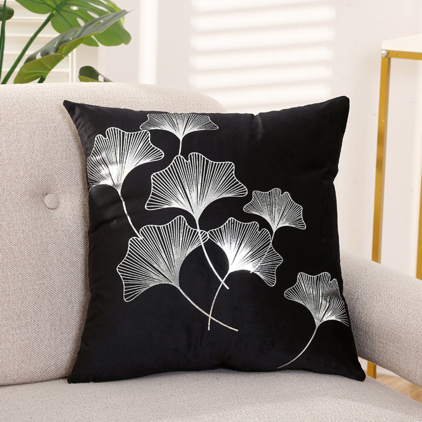 Ginkgo-Blättern, mit cm 45 45 (4 HOMEIDEAS Kissenbezug, Samt, vergoldet, Stück), x