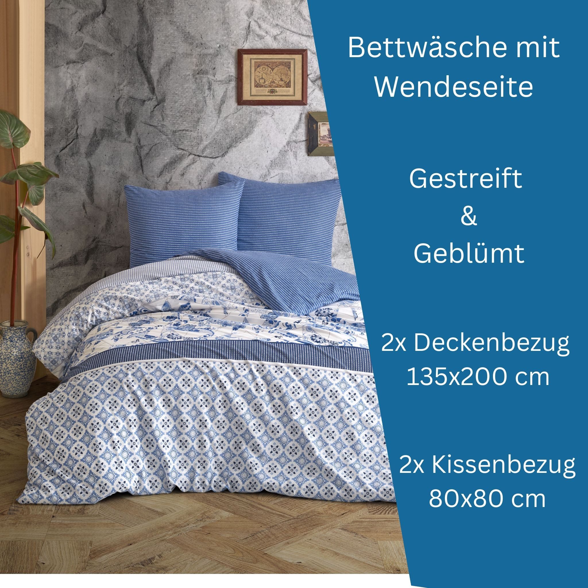 Leonado Vicenti Bettwäsche Baumwolle 100% fein gewebter Stoff, Renforce, 4 teilig, Wendebettwäsche, maritimer, skandinavischer, klassischer Wohnstil – Bild 4 von 5