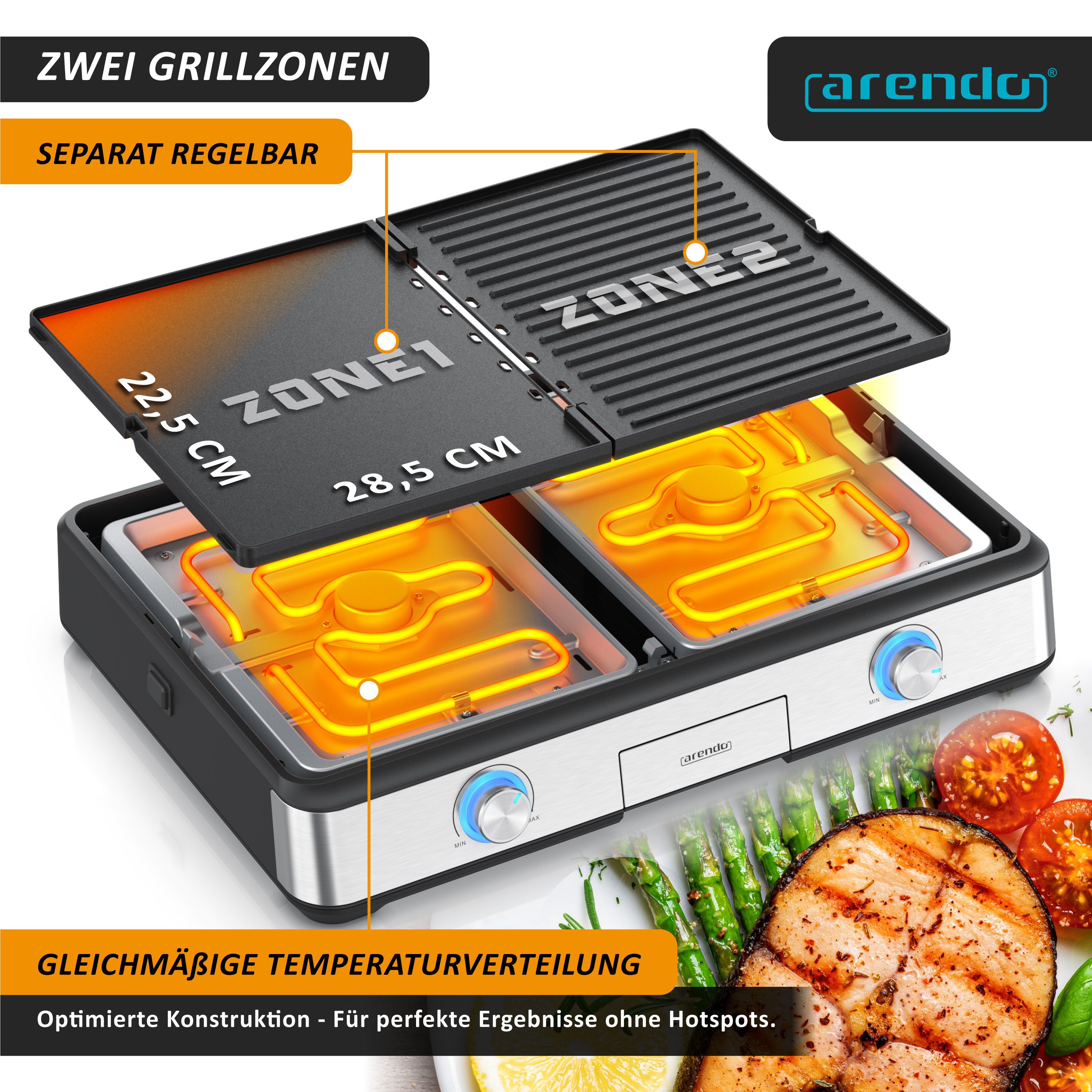 Arendo Tischgrill Gourmet Edelstahl Elektrogrill, 2 Grillzonen, elektrisch, Spritzschutz, 2800 W, Antihaftbeschichtung, Temperaturregelung, für Balkon, Garten & Indoor