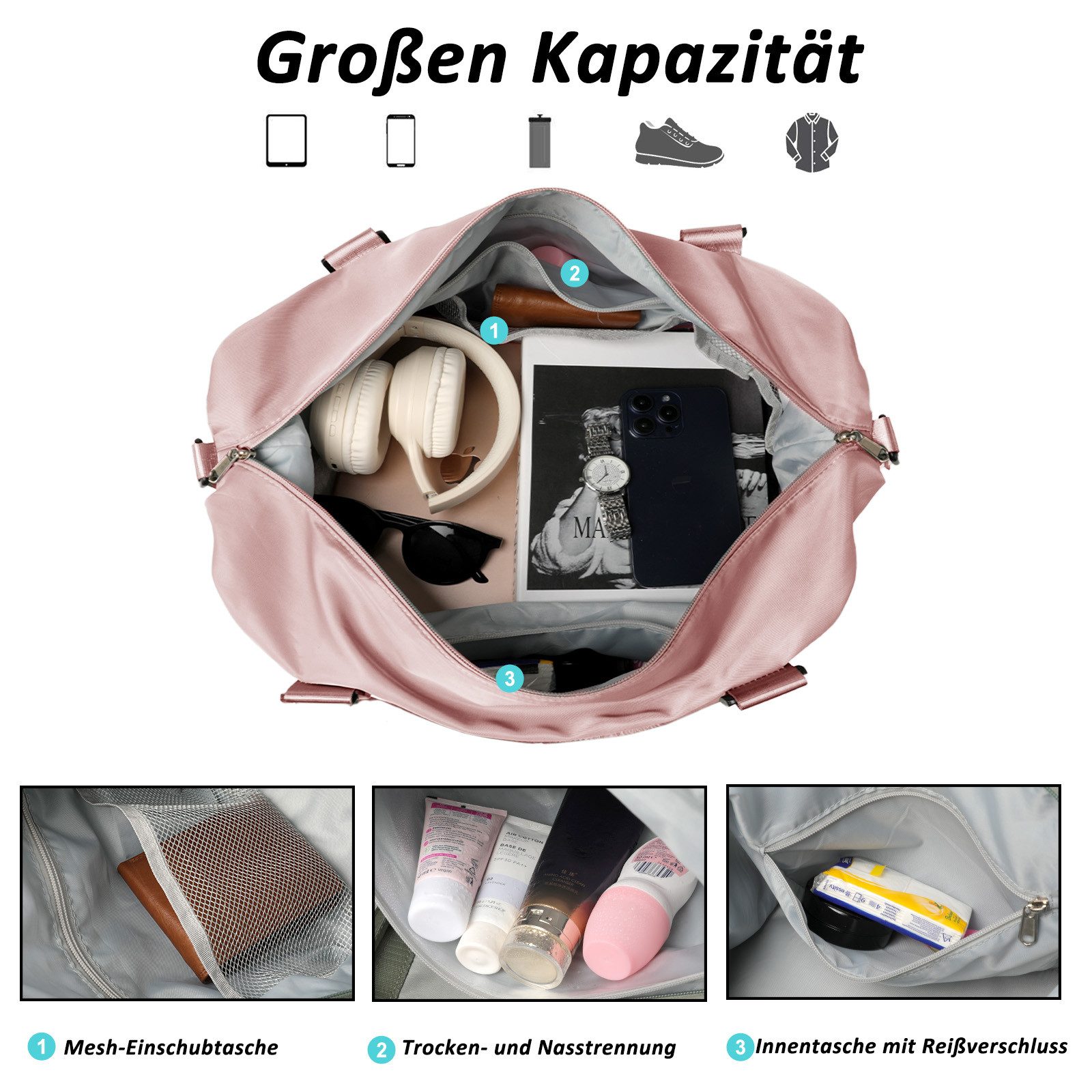 TAN.TOMI Reisetasche Wasserdichter Reise-Seesack - Tragetasche, Sporttasche, Schultertasche (Erweiterbar mit Trolley-Ärmel und Nasstasche), Wochenendtasche für Damen und Herren - Krankenhaus-Tasche