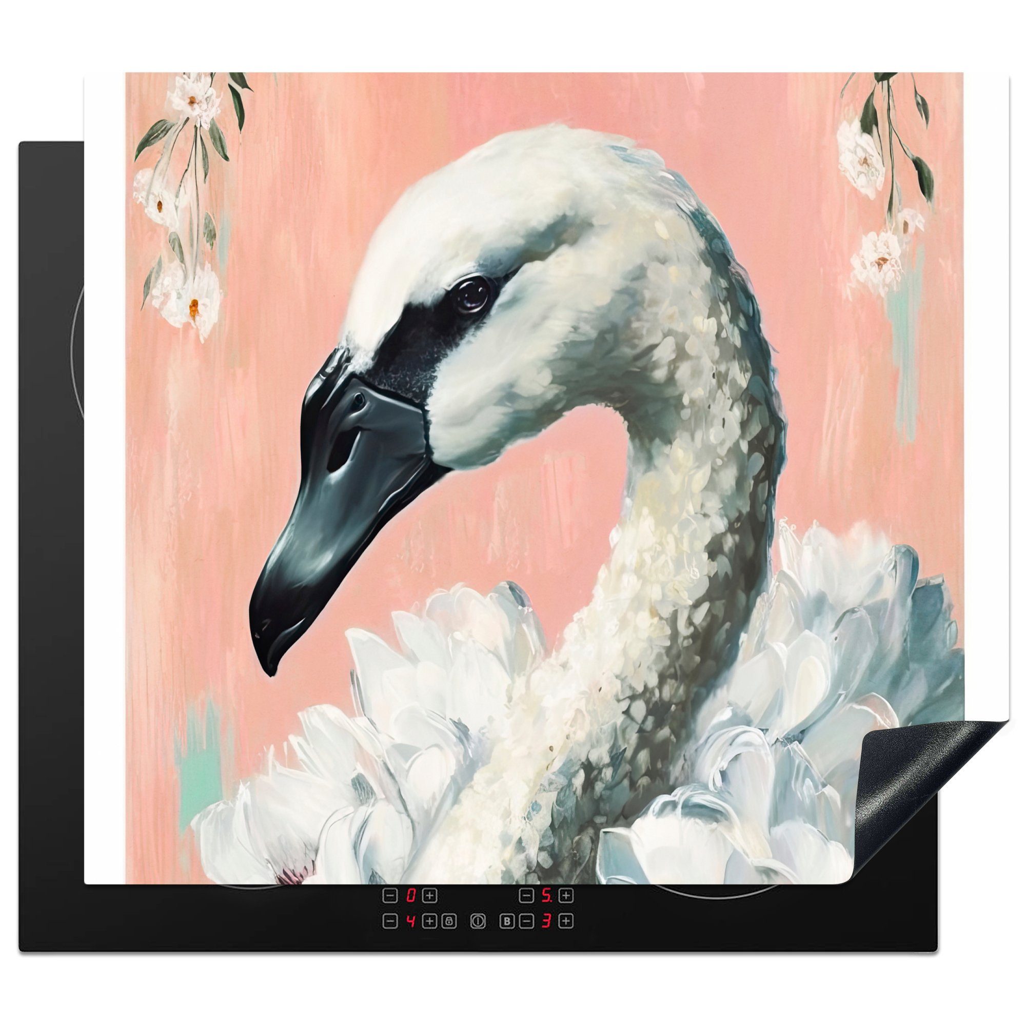 (1 Mobile Pastell nutzbar, - Arbeitsfläche - Ceranfeldabdeckung 60x52 tlg), Herdblende-/Abdeckplatte Blumen MuchoWow Schwan - Weiß, Tiere Vinyl, - cm,