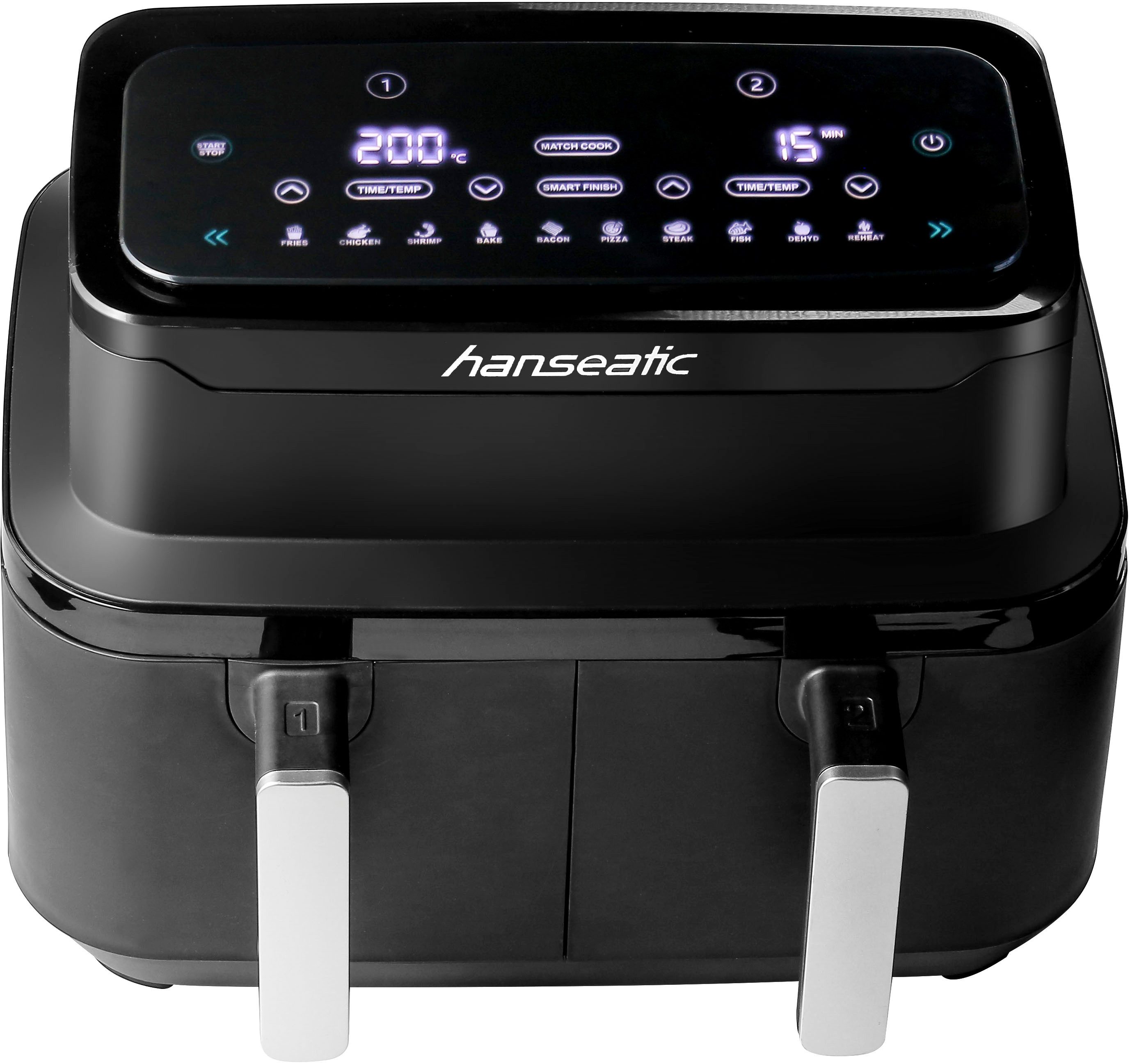 Hanseatic Heißluftfritteuse HAF212600D 39156050 2in1, 2600 W, XXL-Volumen 9L mit Dörrfunktion, 2 Einschüben und Touchdisplay.