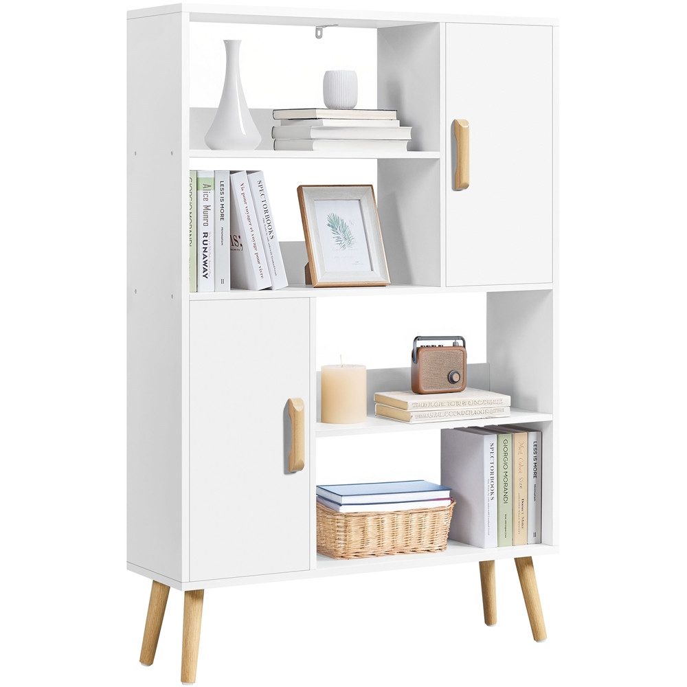 Yaheetech Bücherregal 4-Stufiges Standregal mit 2 Schrankfächern mit Türen, Modernes Offenes Standregal mit Holzfüßen
