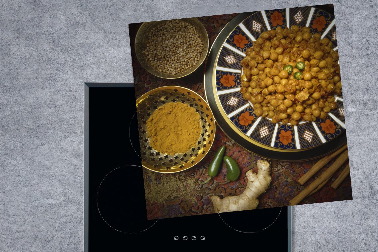 cm, Beilage, Arbeitsplatte als mit Indische für Curry (1 tlg), Herdblende-/Abdeckplatte MuchoWow Ceranfeldabdeckung, Kichererbsen Vinyl, 78x78 küche