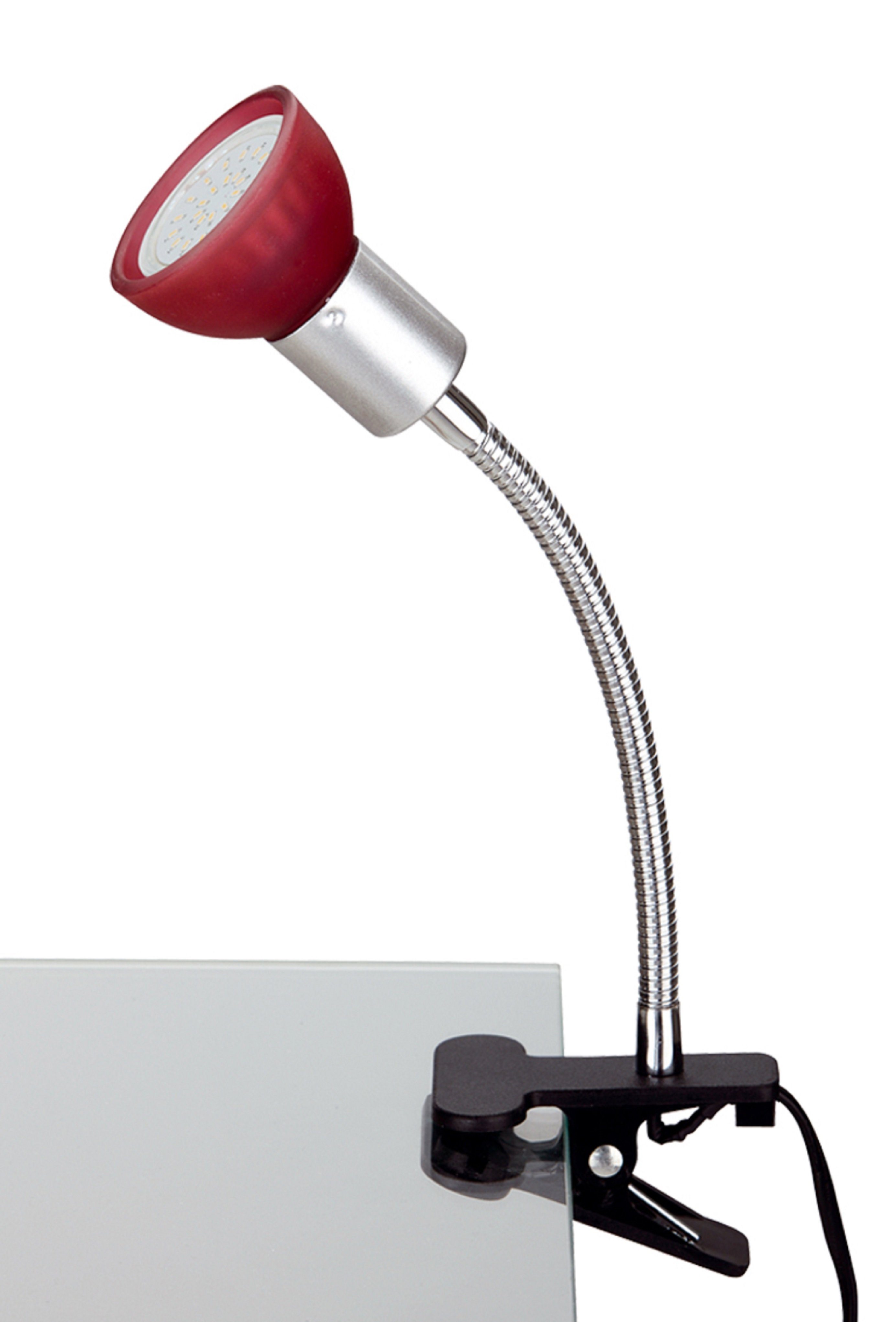 TRANGO LED Klemmleuchte, 2989-012 LED Klemmleuchte *EASY* inkl. 1x 3 Watt GU10 3000K warmweiß LED Leuchtmittel Tischlampe I Leseleuchte I Clip Lampe mit rotem Glas Lampenschirm, Klemmspot I Nachtlicht I Schreibtischlampe